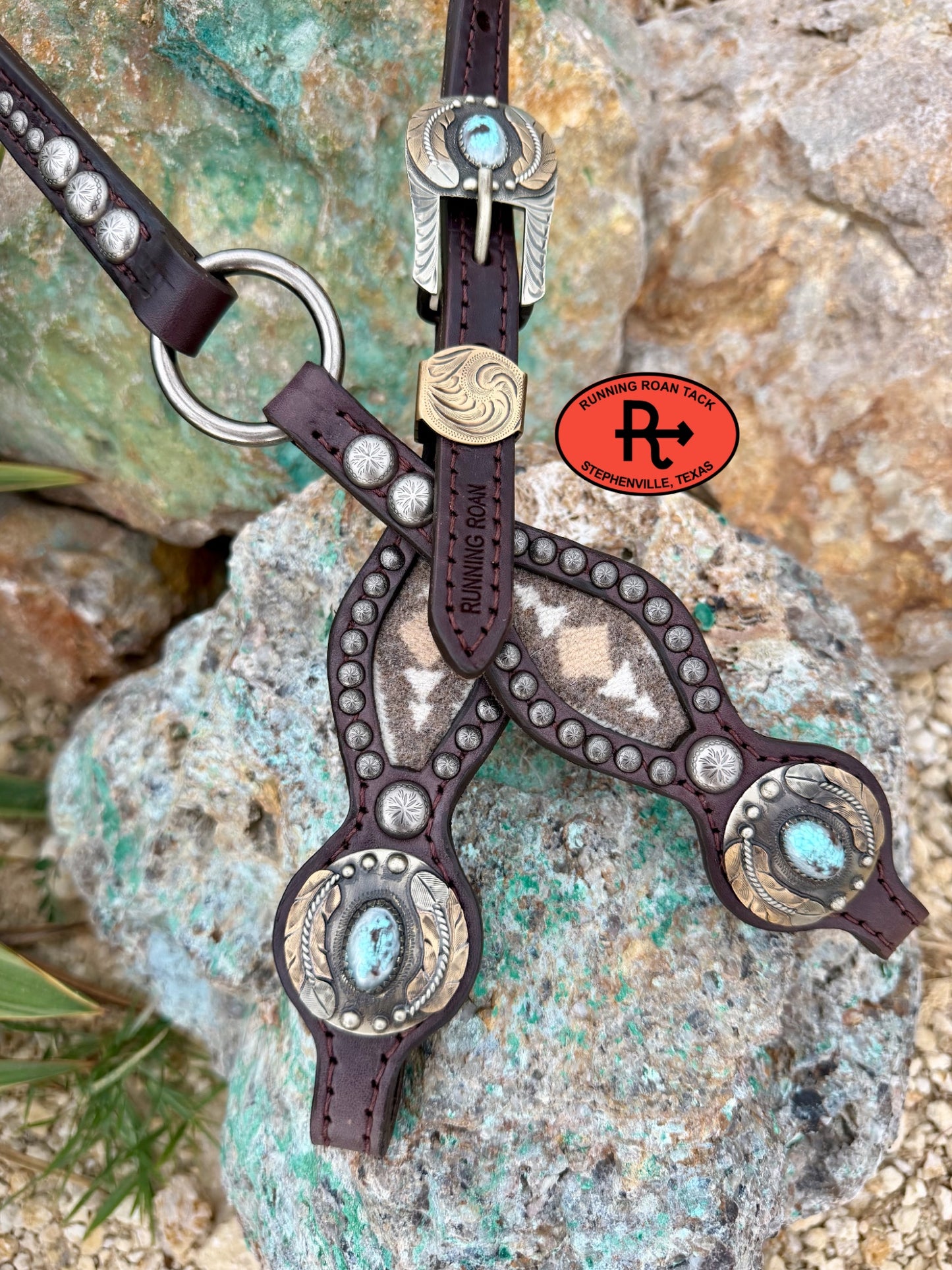 Single Ear Ring Headstall with Pacific Crest Wool and Turquoise Feather Hardware 38"-42" Headstall07062026-02