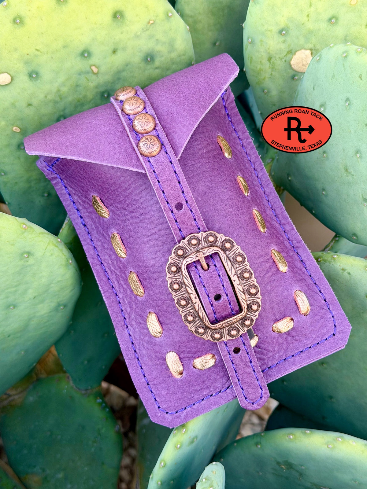 Purple Leather Mini Saddle Bag with Copper Pop Stitch and Copper Buckle for Phone, Keys, Roping Powder, etc Minibag09072026-21