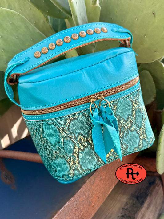 Turquoise Leather with Turquoise Snake Train Case for Makeup, Toiletries, etc traincase07062026-25
