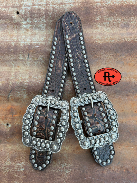 Dark Brown Croc Belt Style Spur Straps with Antique Silver Buckles spurstraps08032026-06