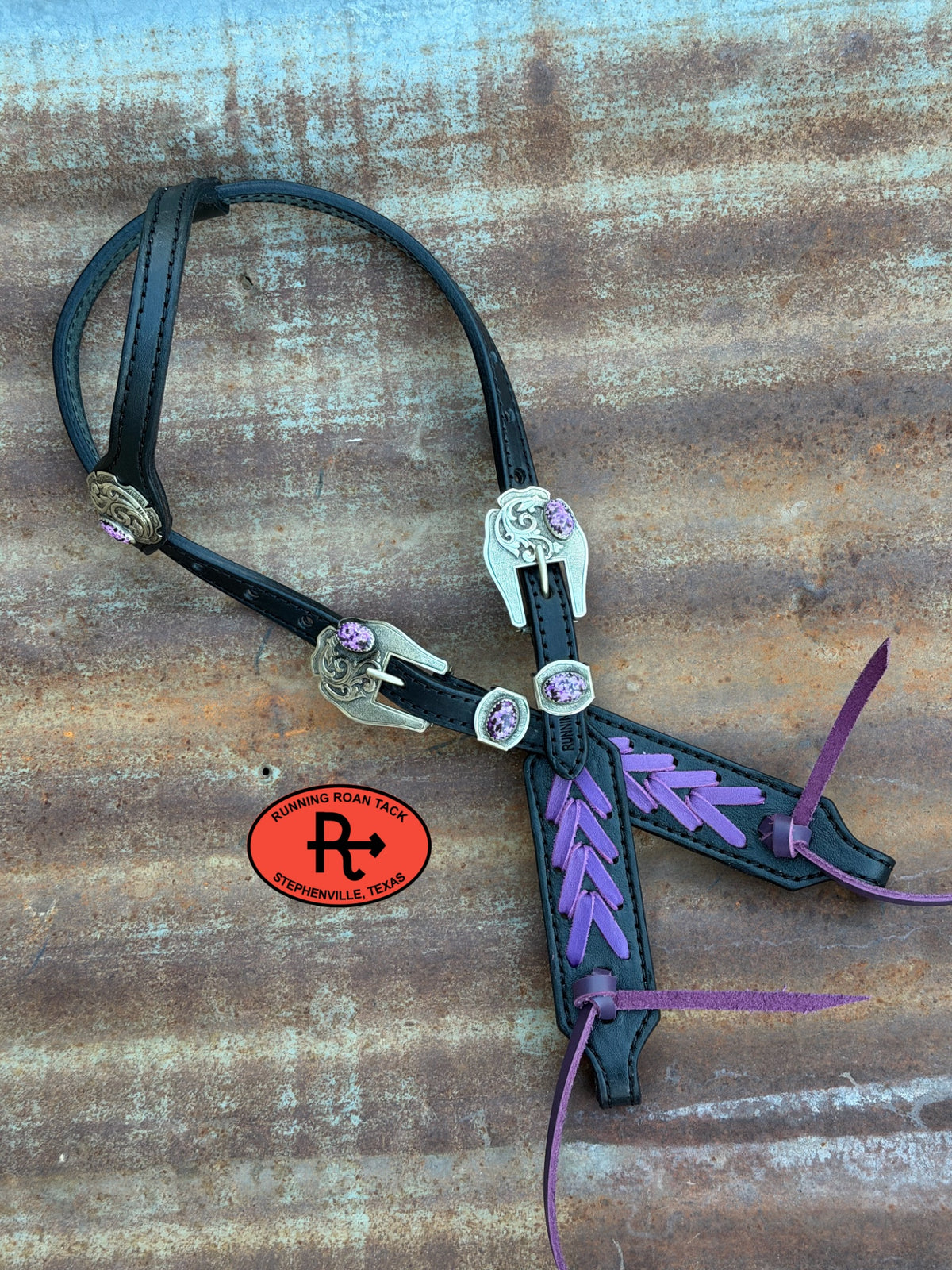 Black Short Cheek Headstall with Purple Lacing and German Silver Purple Cabochon Hardware 29”-37” Headstall10052026-07