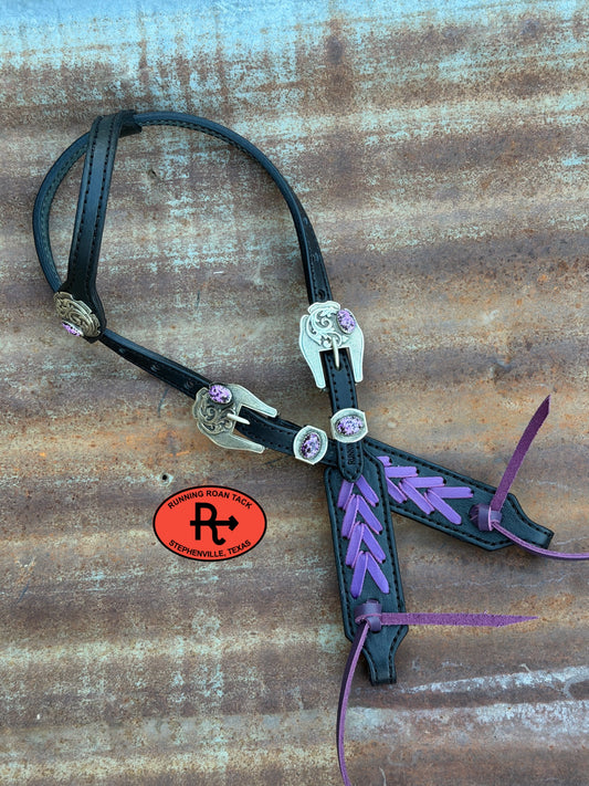Black Short Cheek Headstall with Purple Lacing and German Silver Purple Cabochon Hardware 29”-37” Headstall10052026-07