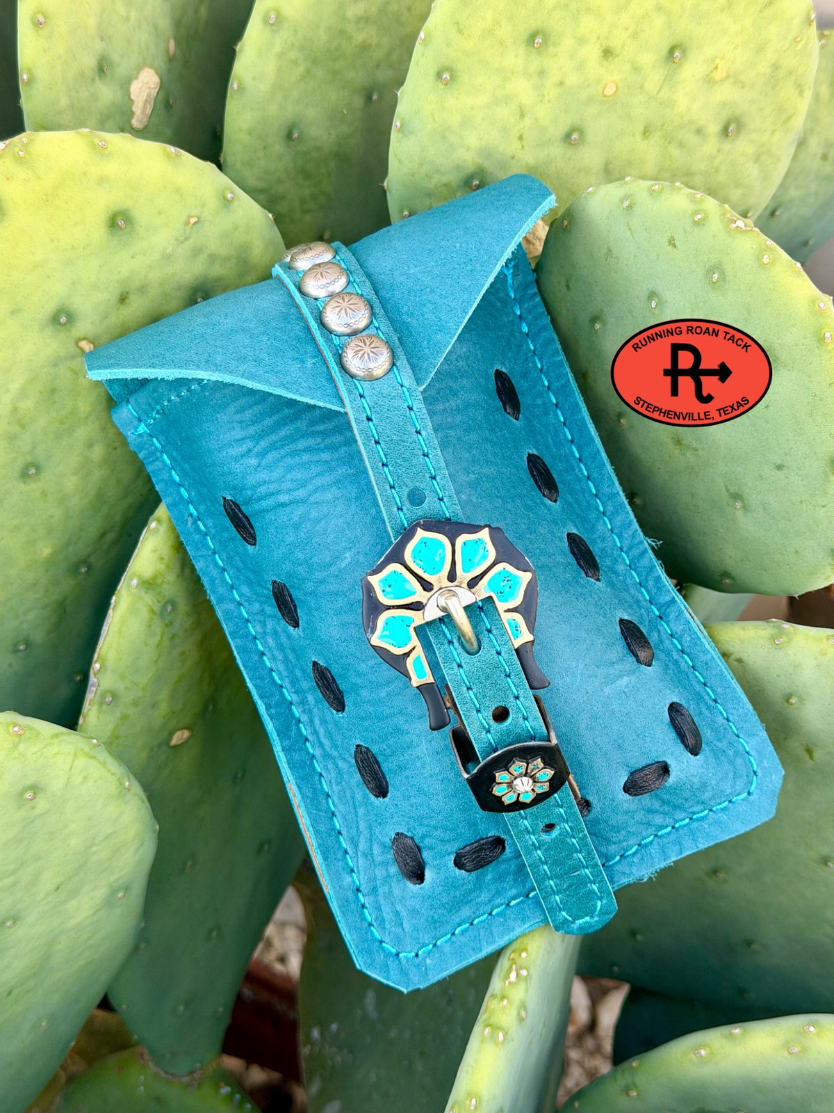 Turquoise Leather Mini Saddle Bag with Black Pop Stitch and German Silver Buckle for Phone, Keys, Roping Powder, etc Minibag09072026-22
