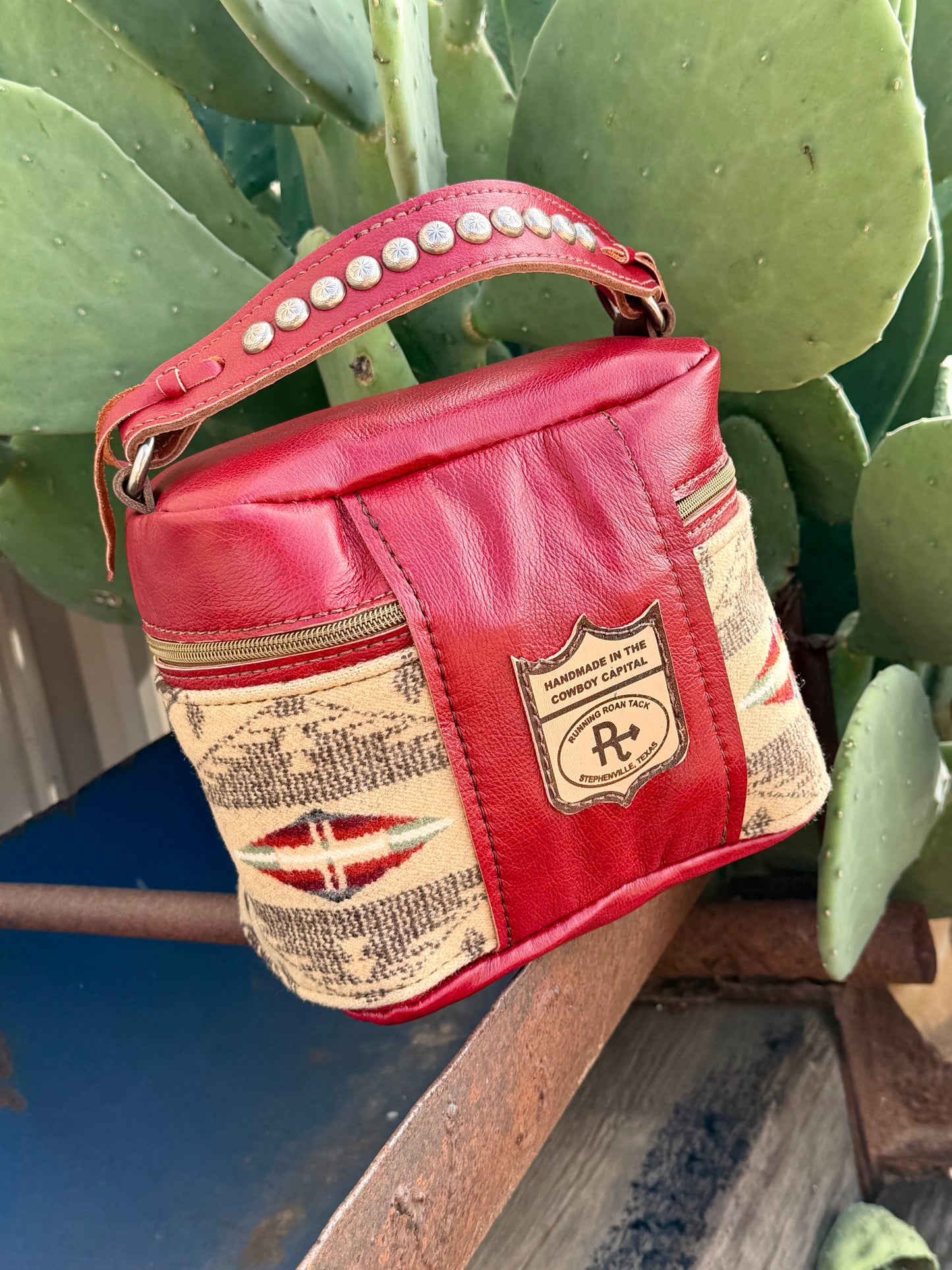 Scarlet Red Leather with Spirit of the People Wool Train Case for Makeup, Toiletries, etc traincase07062026-10