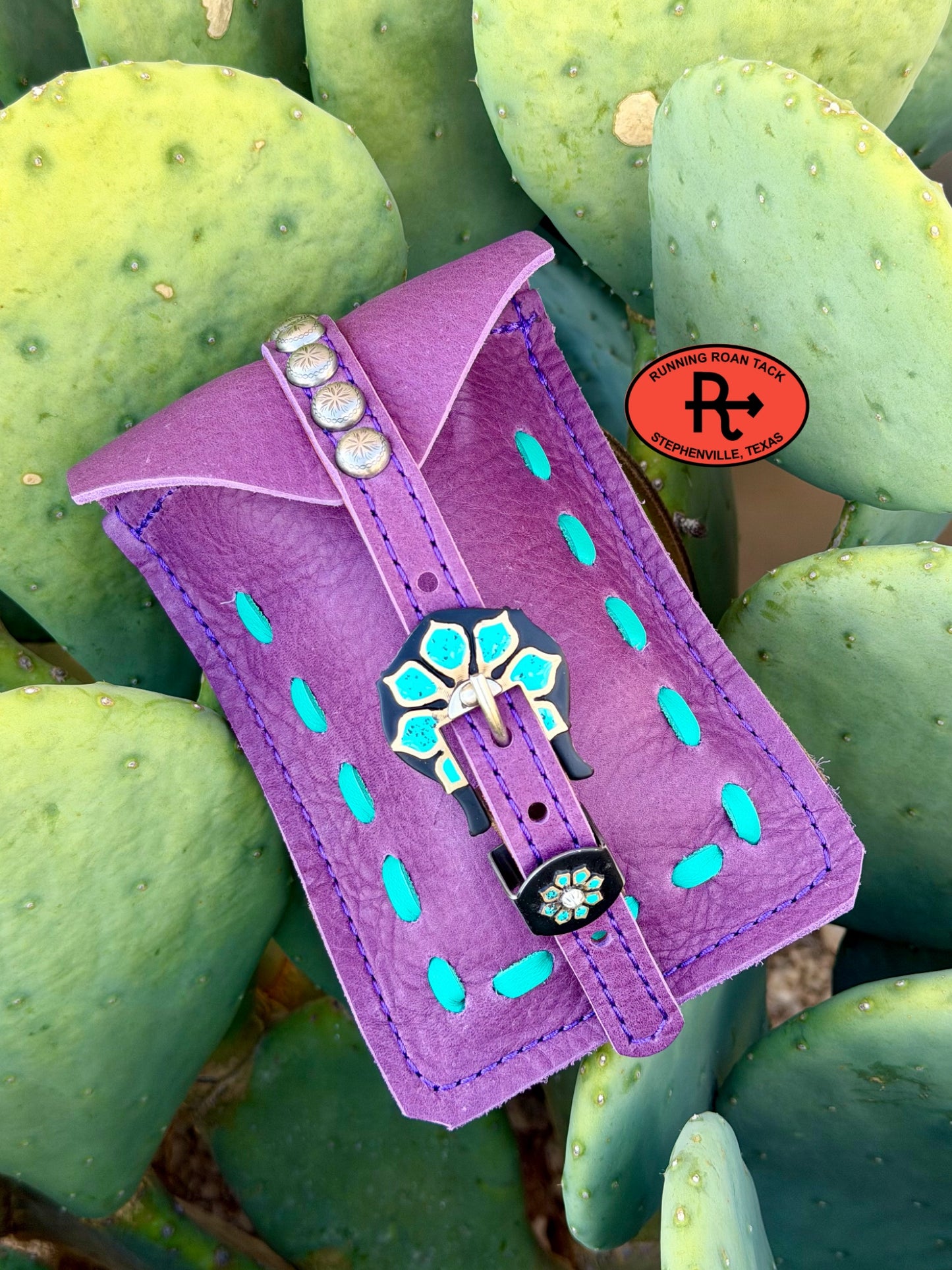 Purple Leather Mini Saddle Bag with Turquoise Pop Stitch and German Silver Buckle for Phone, Keys, Roping Powder, etc Minibag09072026-19