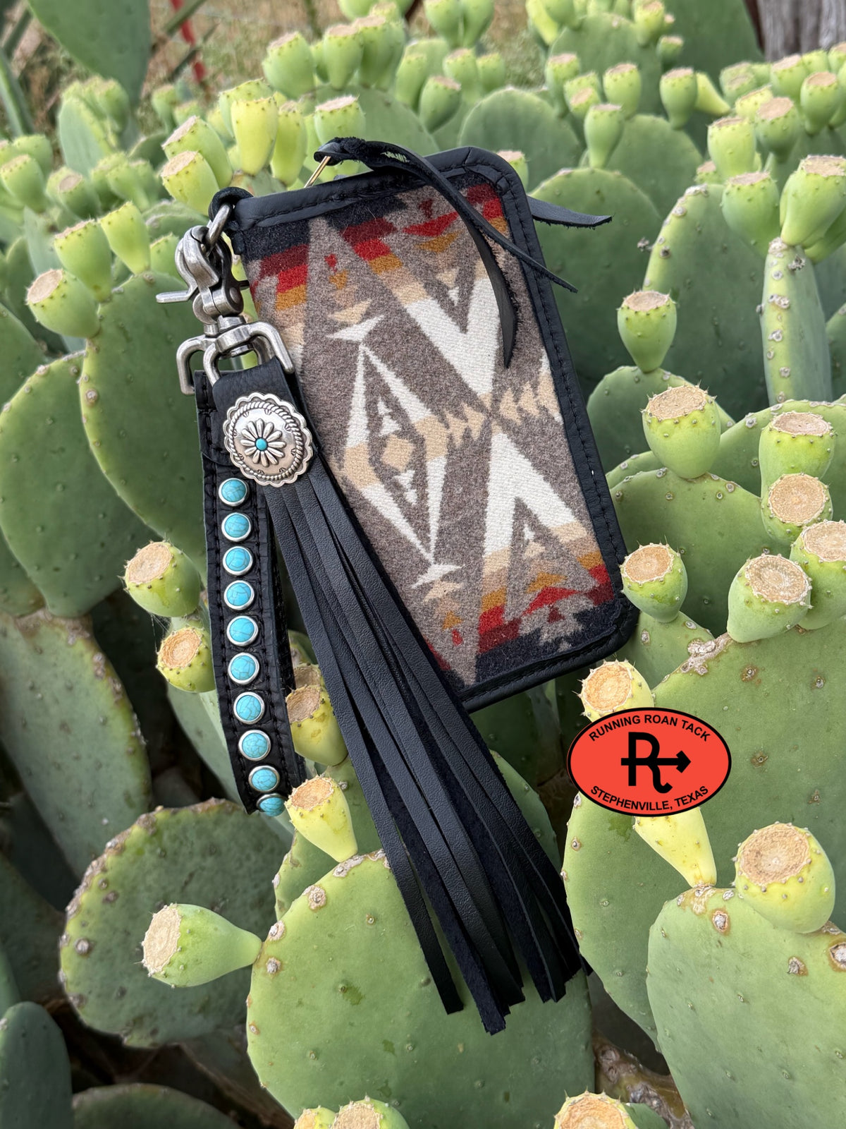 "The Pecos" Black Leather Double Zip Wallet Wristlet Organizer Clutch with Pacific Crest Wool, Wristlet Strap and Tassel Pecos10052026-04