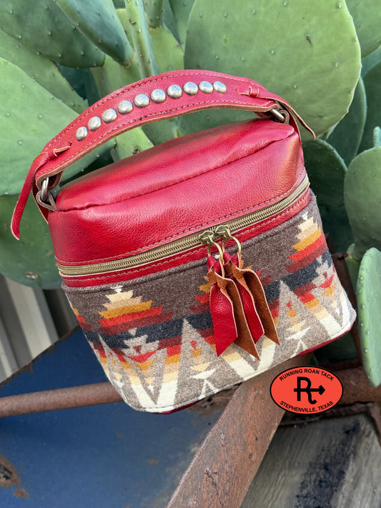 Scarlet Red Leather with Pacific Crest Wool Train Case for Makeup, Toiletries, etc traincase07062026-11