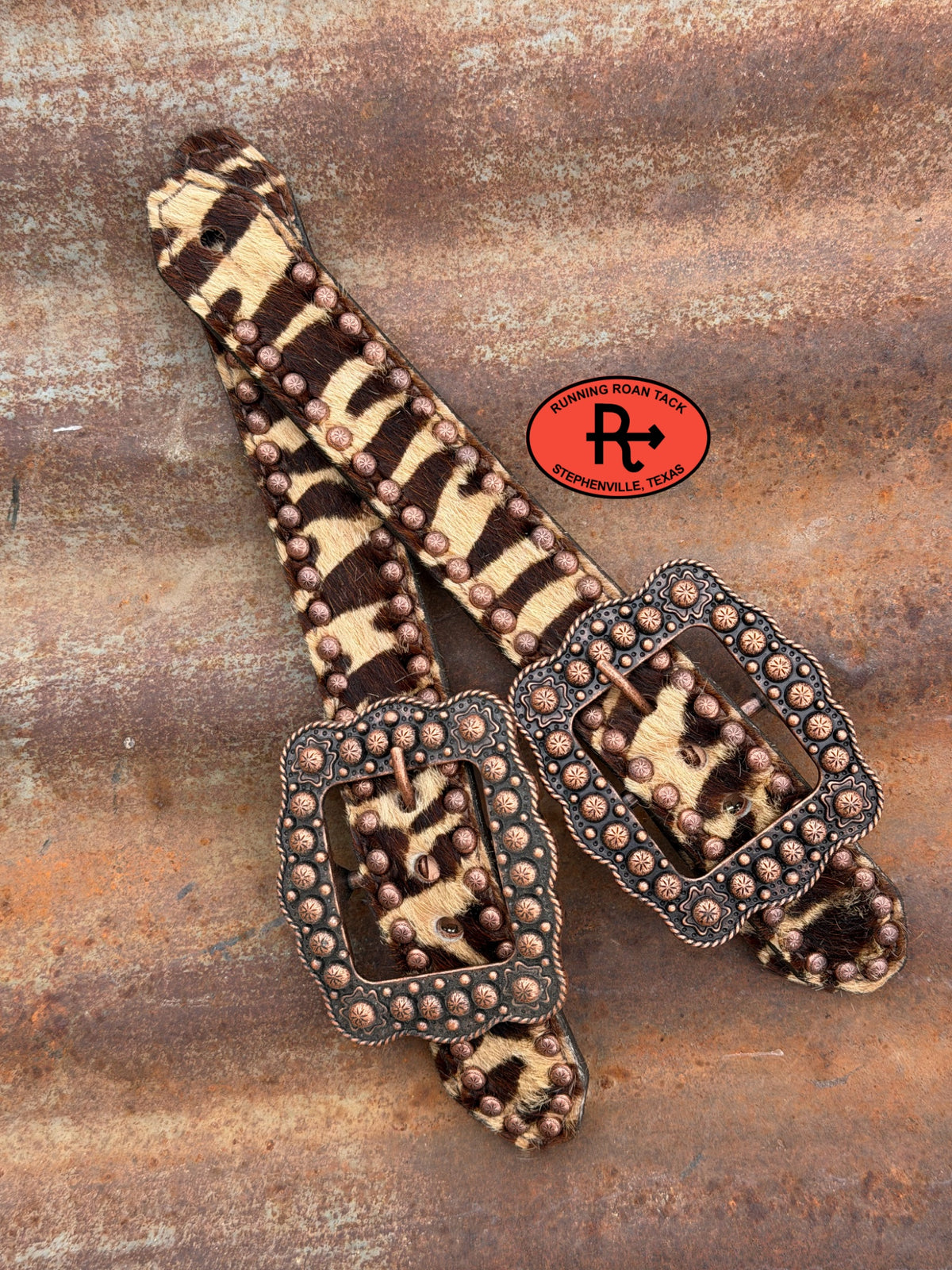 Wildcat Hair On Cowhide Belt Style Spur Straps with Copper Buckles spurstraps09072026-04