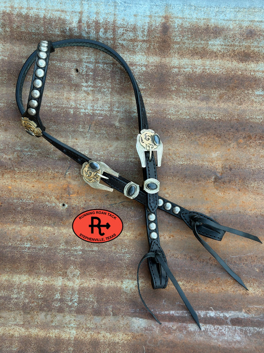 Black Short Cheek Headstall with Quick Change Pineapple Knots and German Silver Onyx Hardware 29”-37” Headstall10052026-02