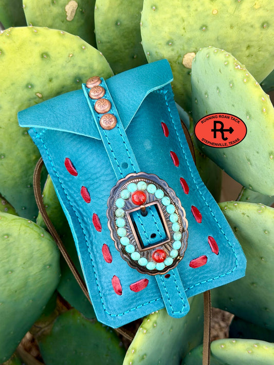 Turquoise Leather Mini Saddle Bag with Red Pop Stitch and Turquoise and Coral Stone Buckle for Phone, Keys, Roping Powder, etc Minibag09072026-24