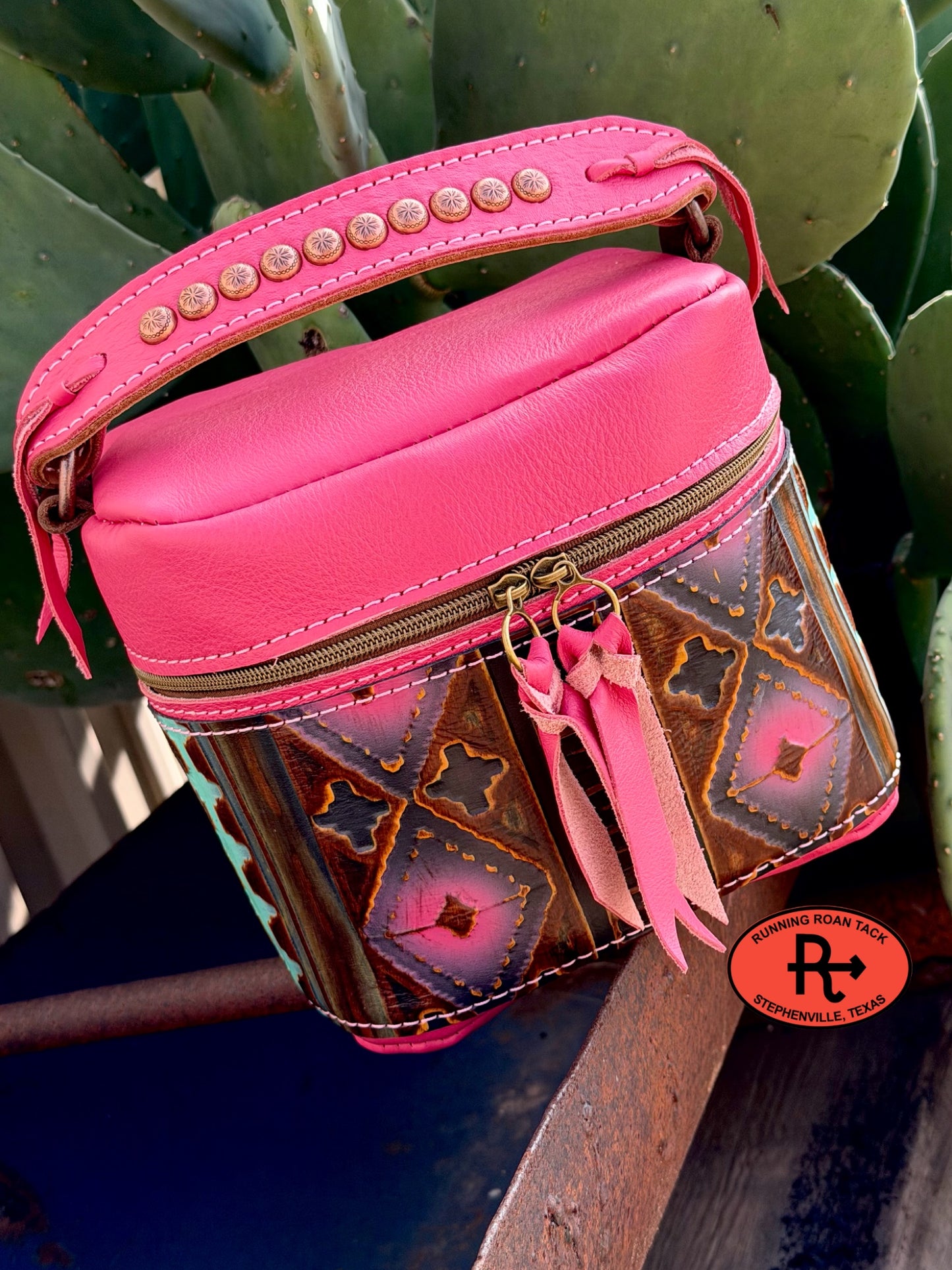 Pink Leather with Southwest Embossed Train Case for Makeup, Toiletries, etc traincase07062026-14