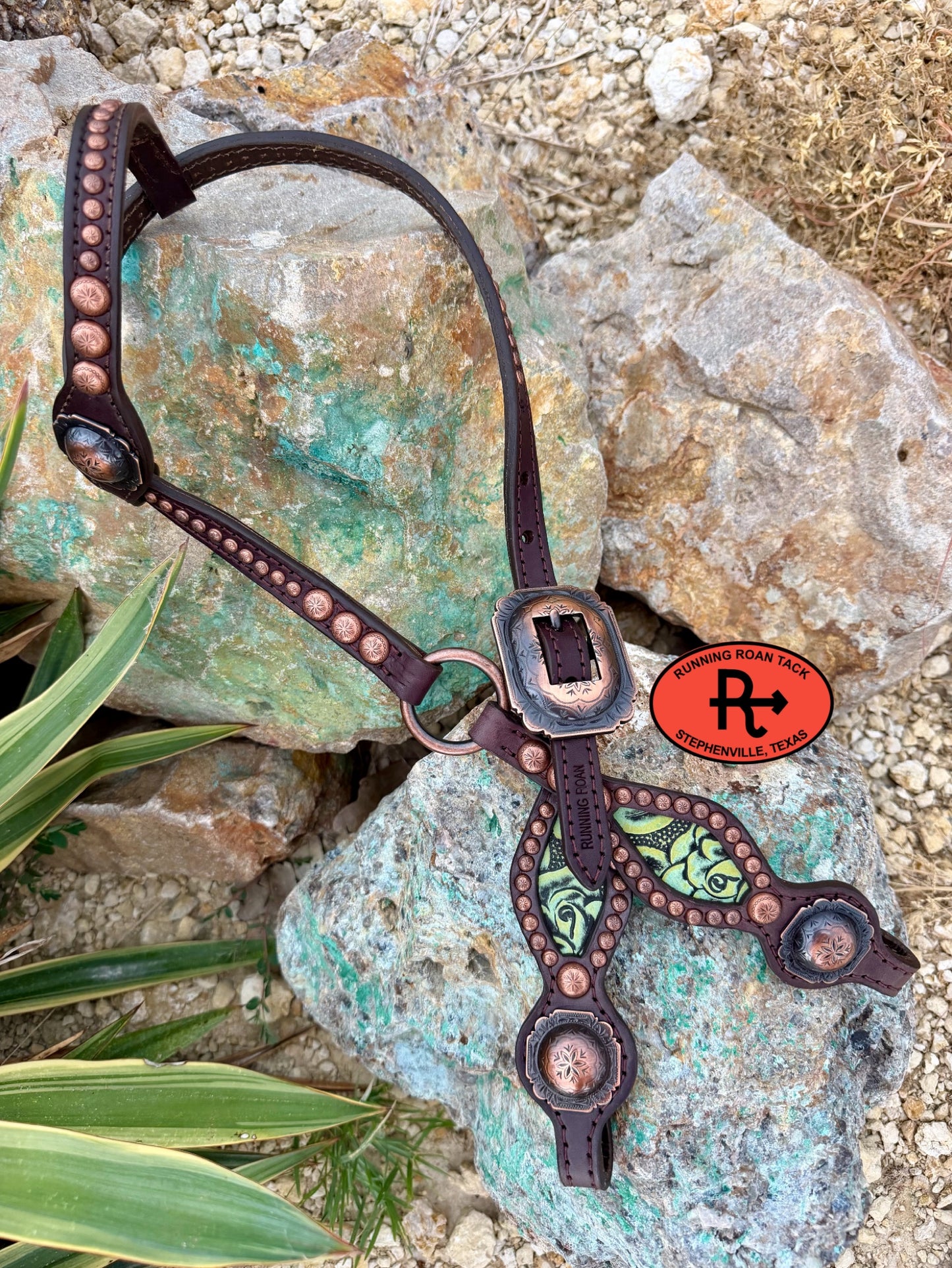 Single Ear Ring Headstall with Mint Rose Inlay and Copper Hardware 38"-42" Headstall07062026-06