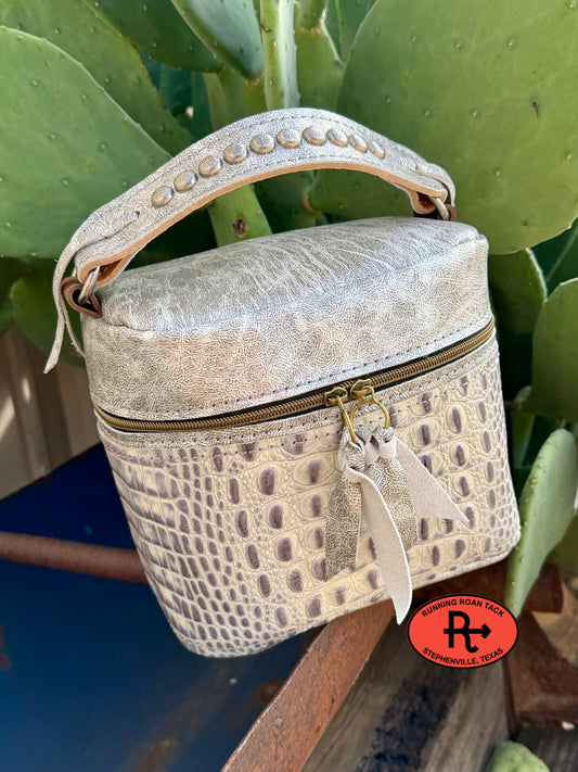 Metallic Silver Leather with Grey Croc Train Case for Makeup, Toiletries, etc traincase07062026-29