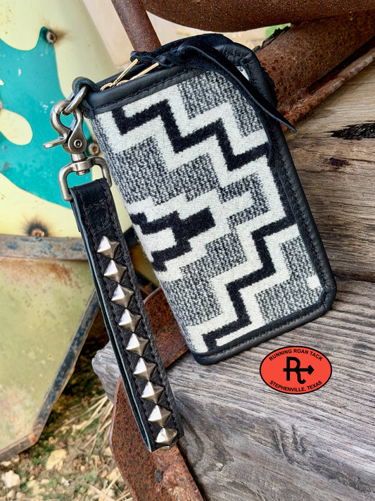 "The Pecos" Black Leather Double Zip Wallet Wristlet Organizer Clutch with Genuine Wool Pecos10052026-06