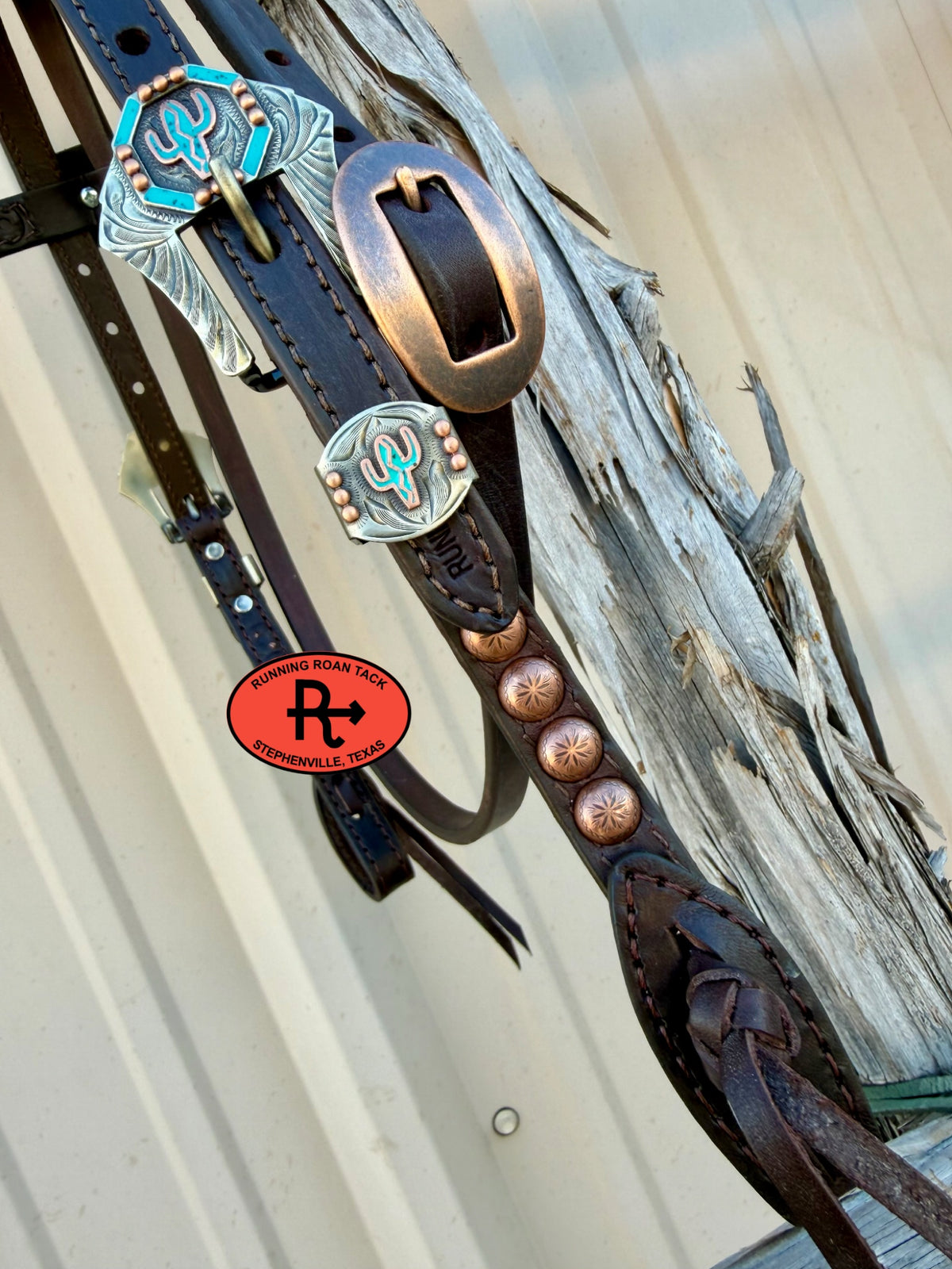 Chocolate Short Cheek Futurity Knot Headstall with Quick Change Pineapple Knots and German Silver Cactus Hardware 29”-37” Headstall10052026-12
