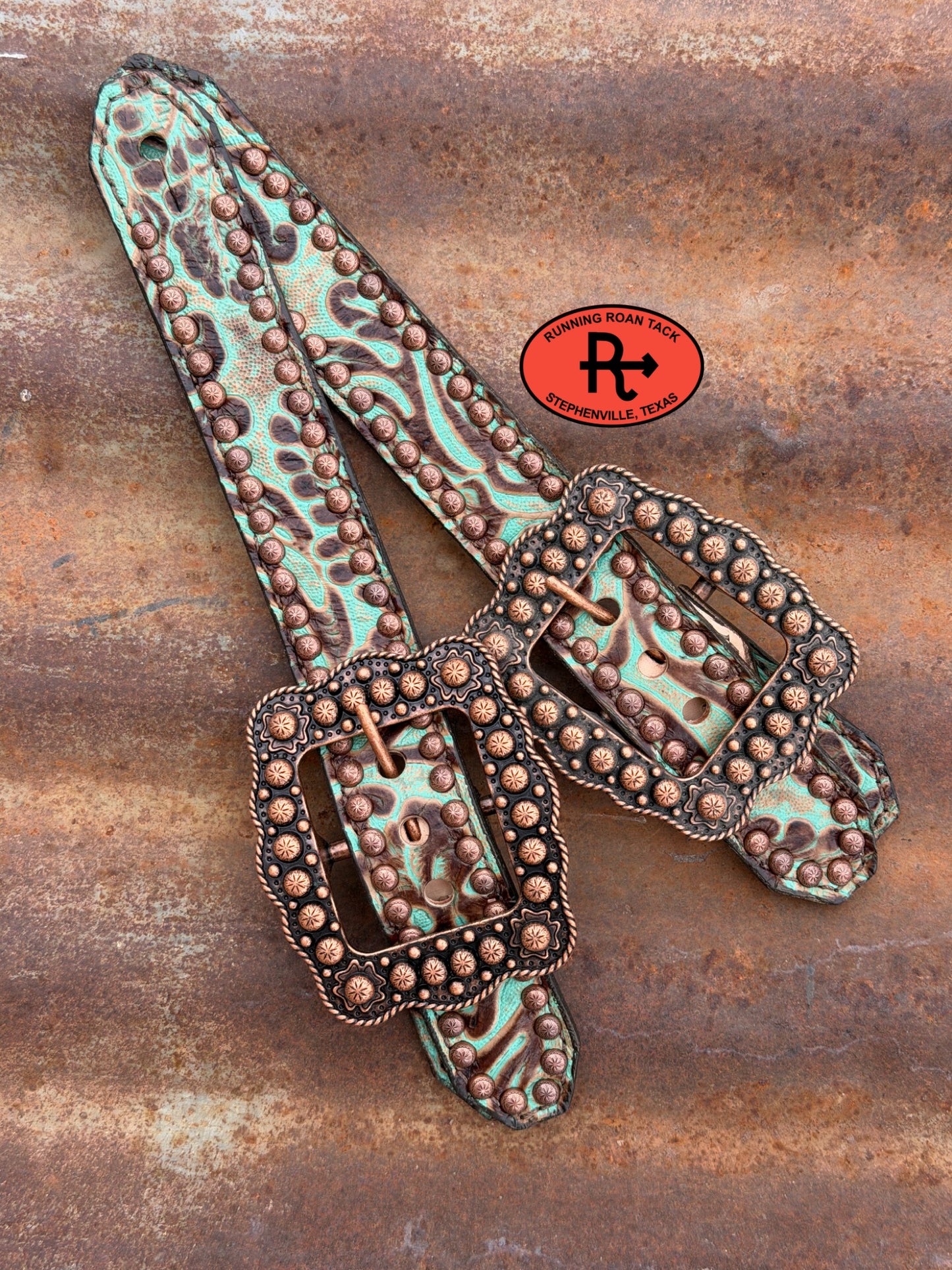 Turquoise Floral Belt Style Spur Straps with Copper Buckles spurstraps09072026-06