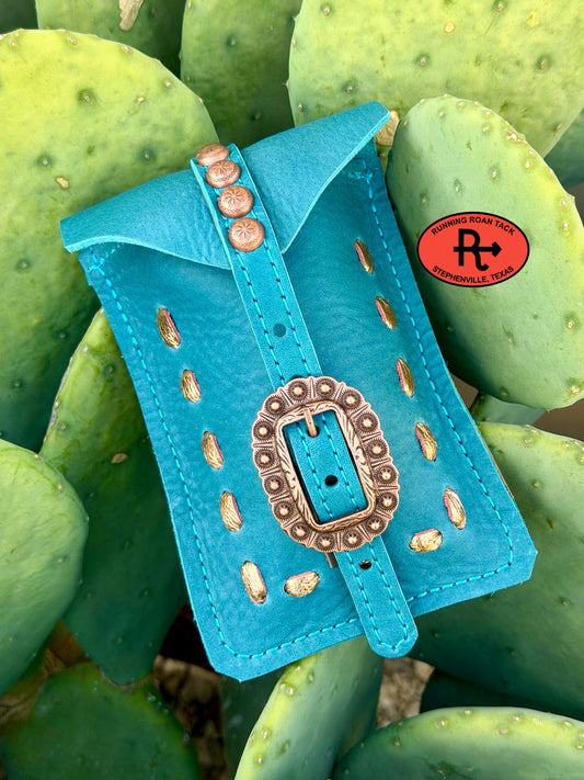 Turquoise Leather Mini Saddle Bag with Copper Pop Stitch and Copper Buckle for Phone, Keys, Roping Powder, etc Minibag09072026-27