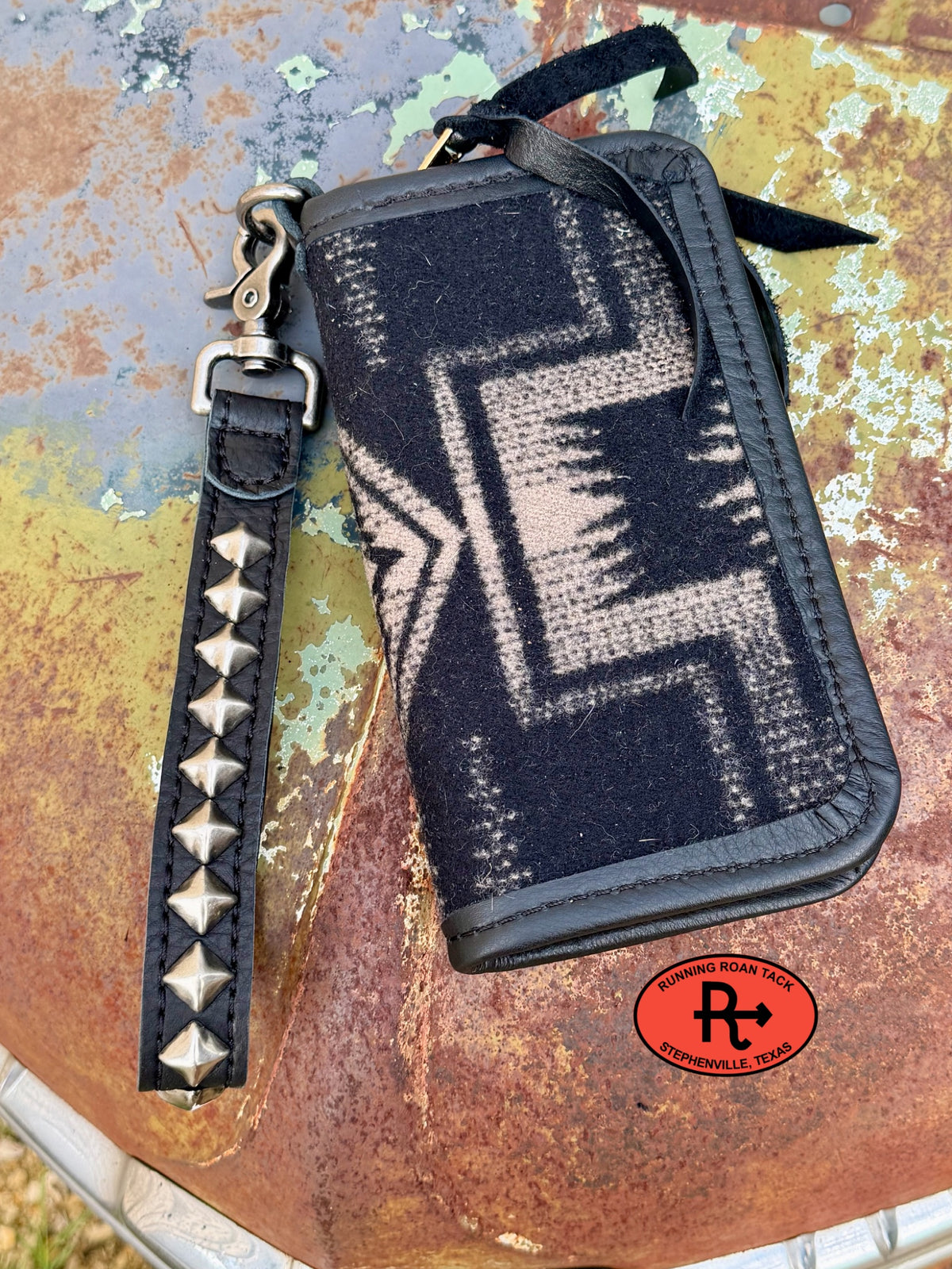 "The Pecos" Black Leather Double Zip Wallet Wristlet Organizer Clutch with Harding Wool Pecos10052026-07