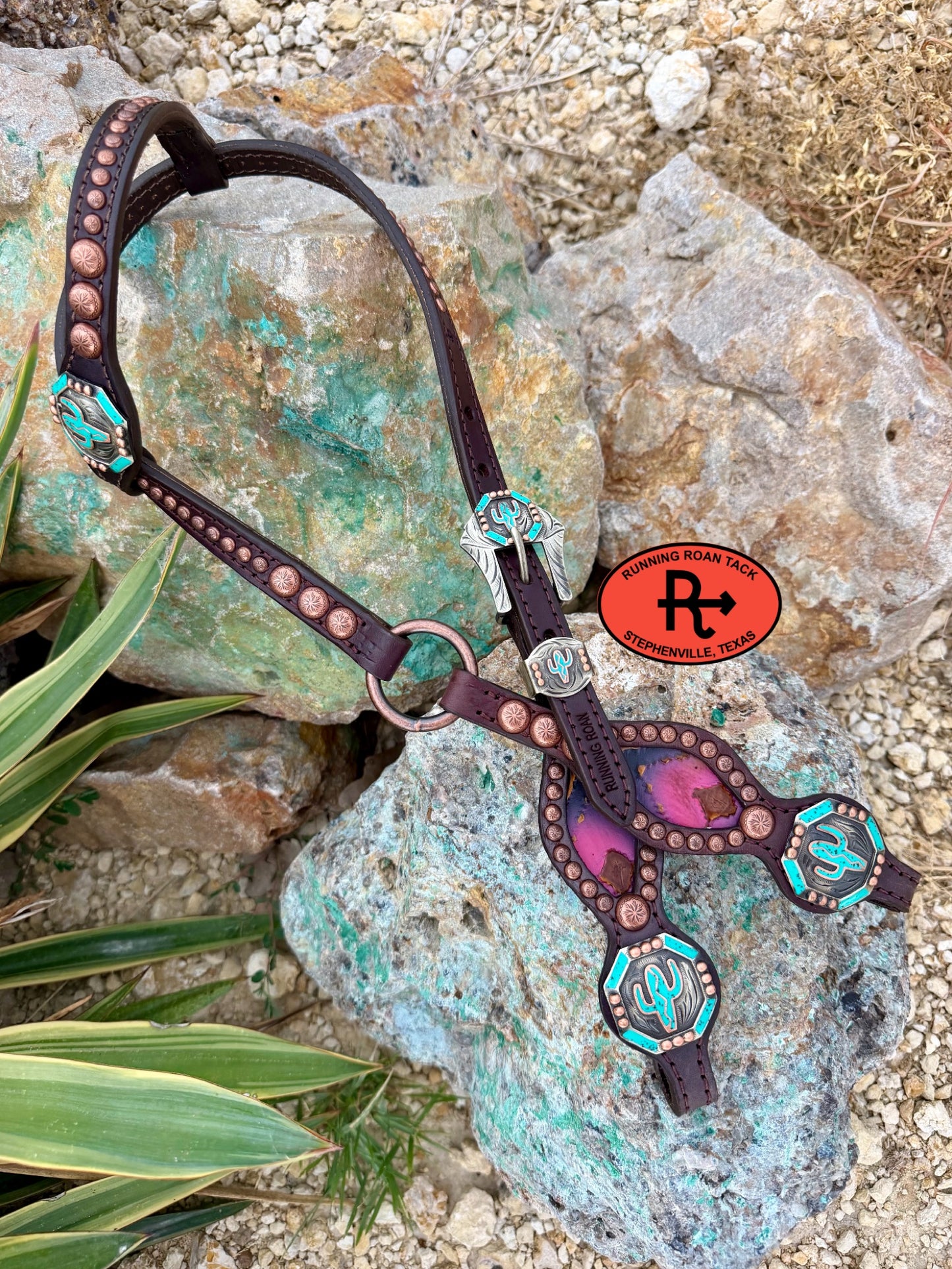 Single Ear Ring Headstall with Pink Southwest Inlay and Saguaro Hardware 36"-40" Headstall07062026-10