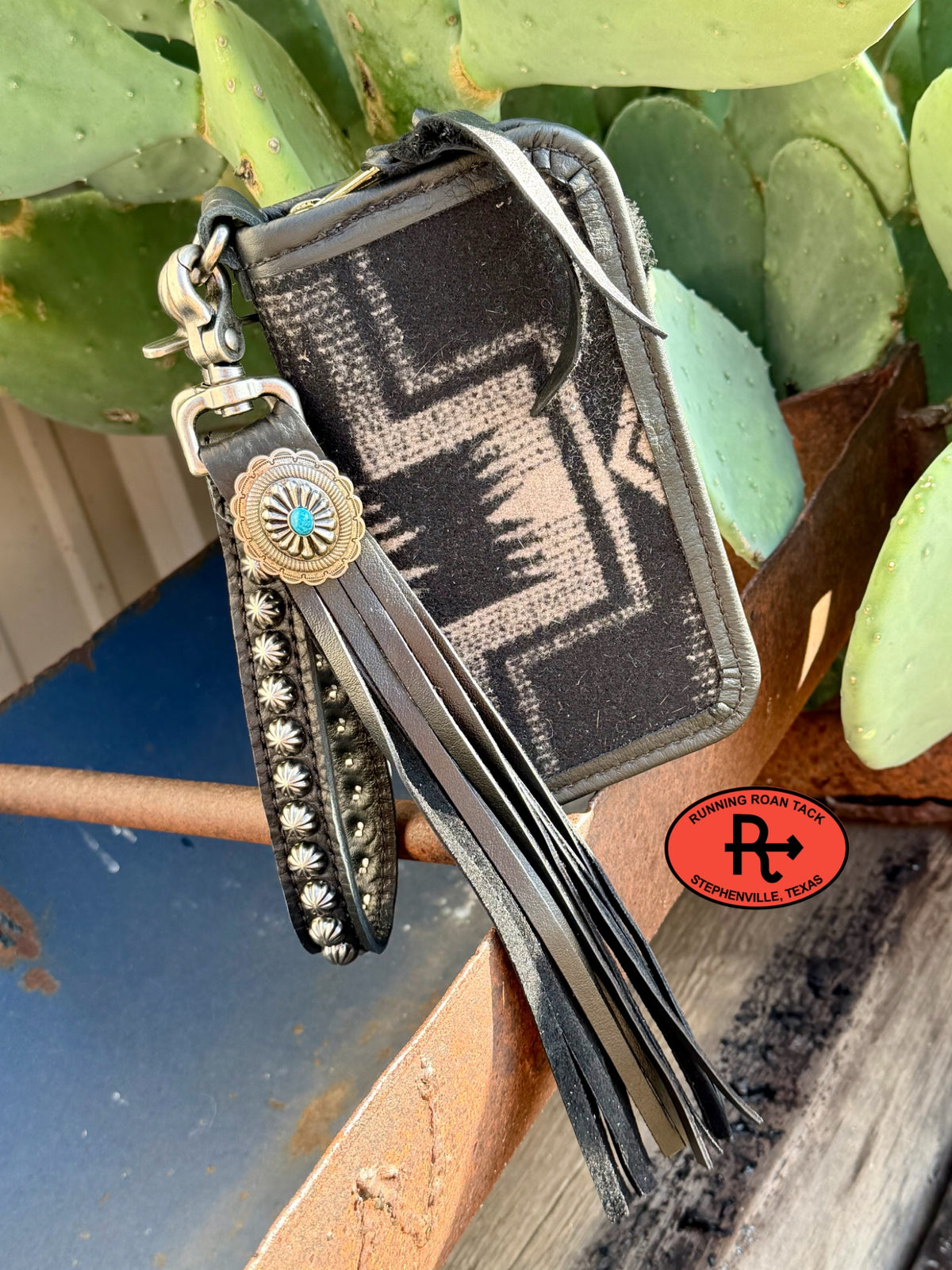 "The Pecos" Black Leather Double Zip Wallet Wristlet Organizer Clutch with Harding Wool, Wristlet Strap and Tassel Pecos10052026-01