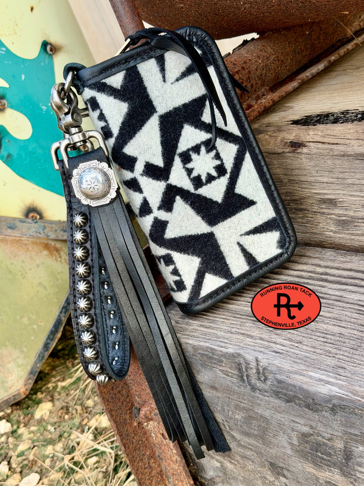 "The Pecos" Black Leather Double Zip Wallet Wristlet Organizer Clutch with Condensed White Wool, Wristlet Strap and Tassel Pecos10052026-02