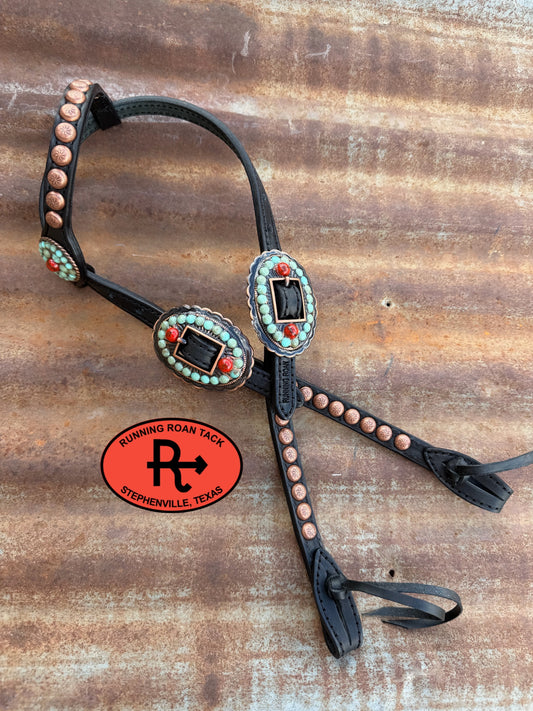Black Headstall with Quick Change Pineapple Knots and Turquoise and Coral Hardware 36”-43” Headstall09072026-06