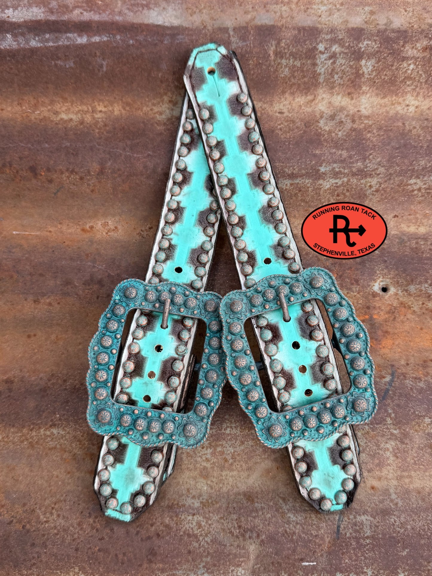 Mint Aztec Belt Style Spur Straps with Copper Patina Buckles spurstraps08032026-17
