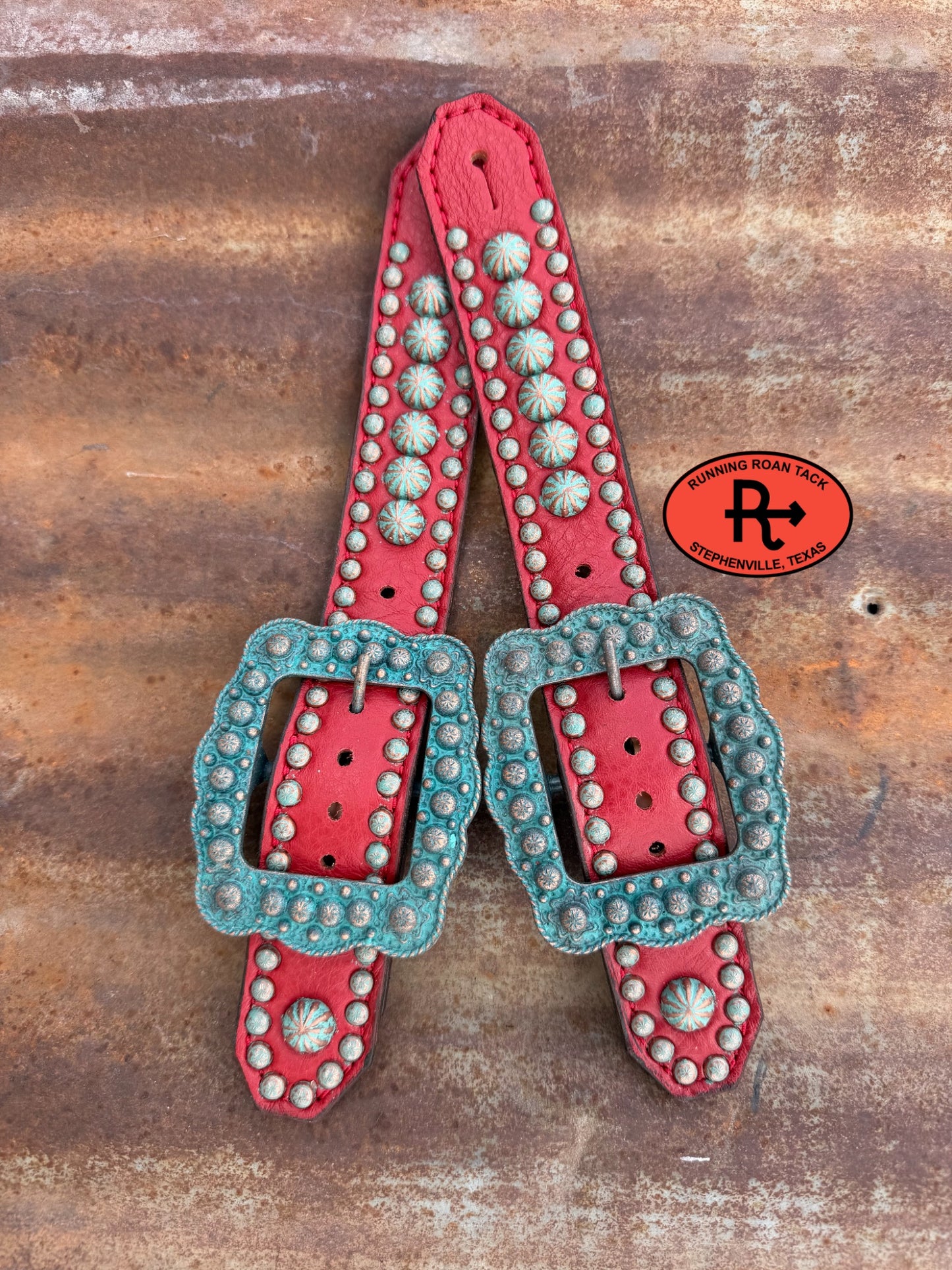 Red Studded Belt Style Spur Straps with Copper Patina Buckles spurstraps08032026-21