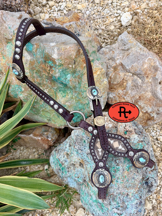 Single Ear Ring Headstall with Pacific Crest Wool and Turquoise Feather Hardware 38"-42" Headstall07062026-02