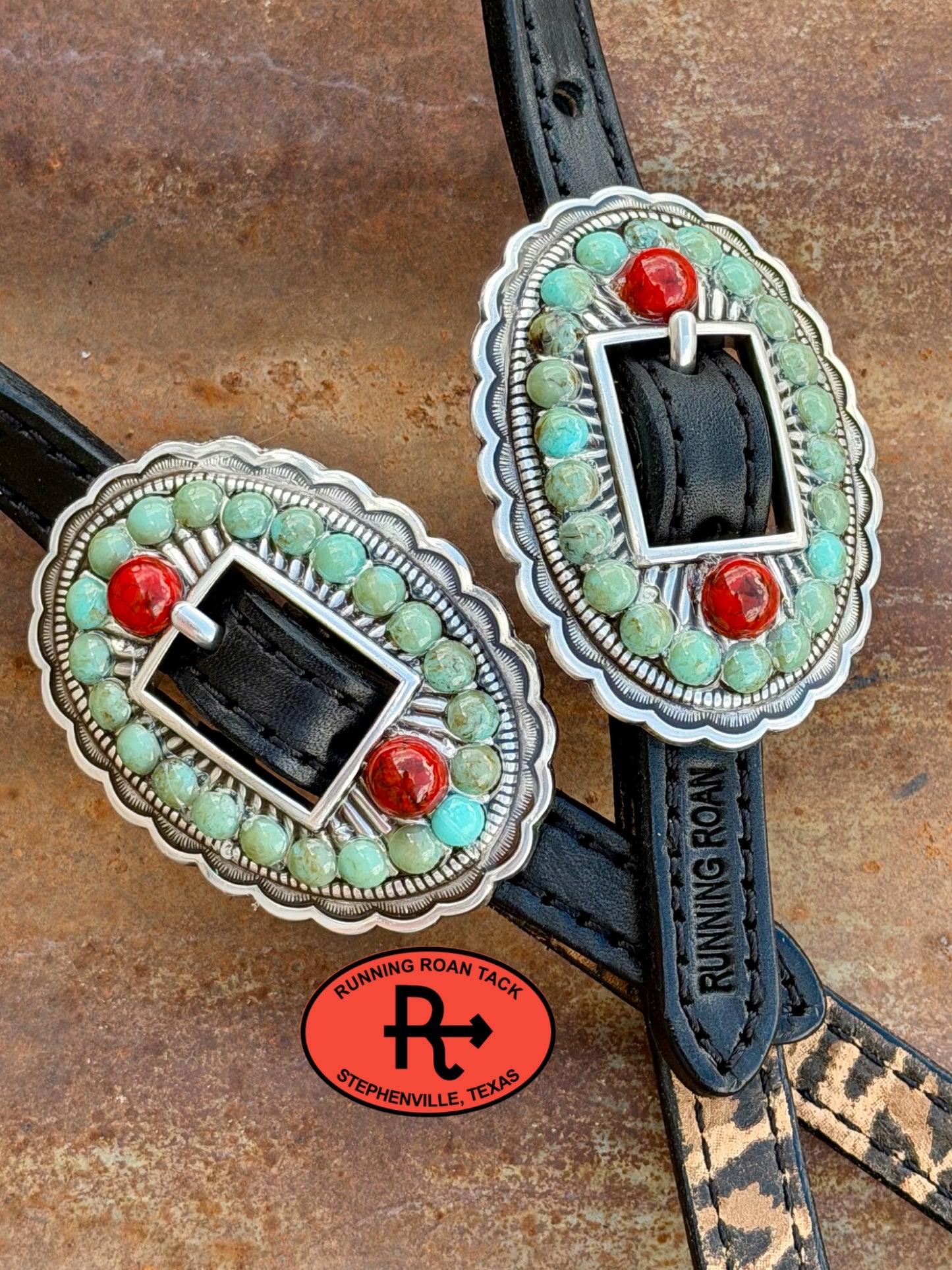 Black Leopard Short Cheek Headstall with Quick Change Pineapple Knots and Turquoose and Coral Hardware 29”-37” Headstall09072026-04