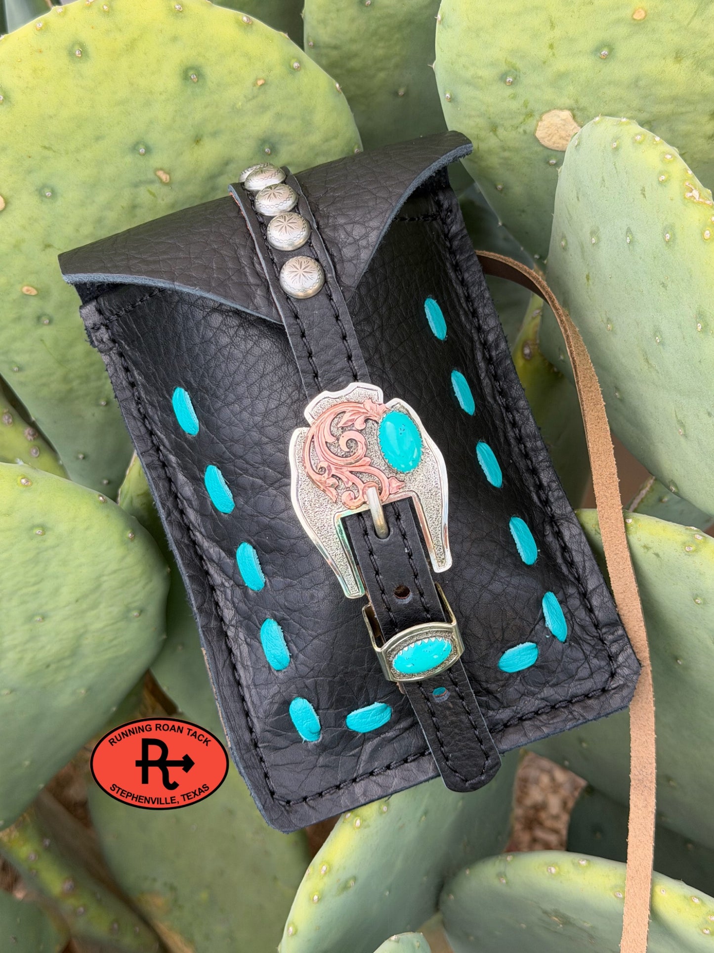 Black Leather Mini Saddle Bag with Turquoise Pop Sitch and German Silver Buckle for Phone, Keys, Roping Powder, etc Minibag09072026-02