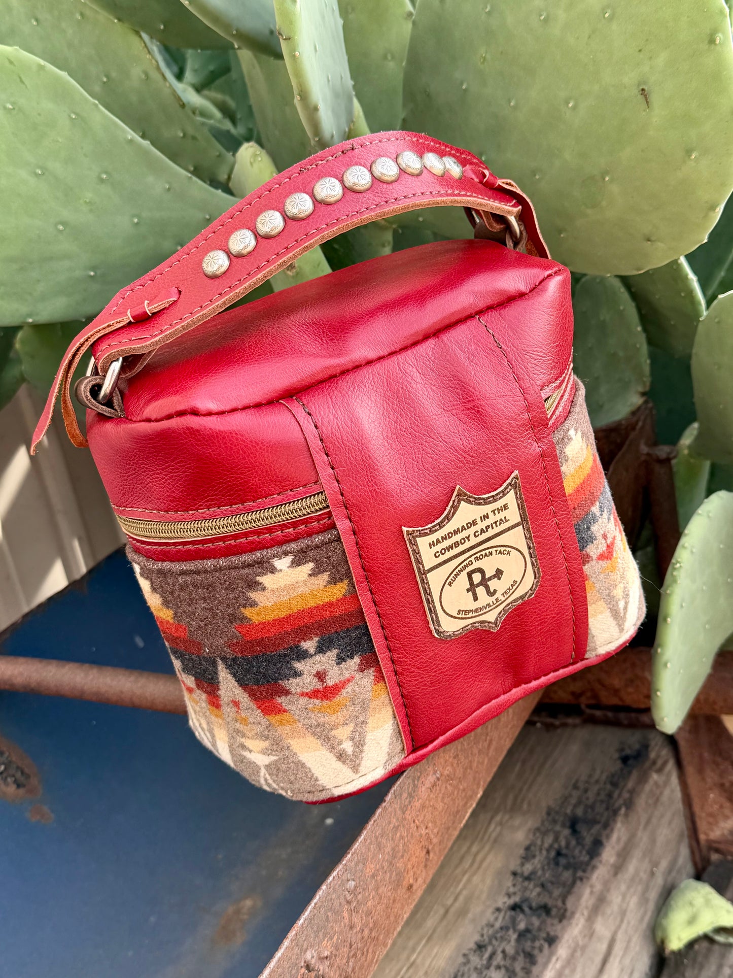 Scarlet Red Leather with Pacific Crest Wool Train Case for Makeup, Toiletries, etc traincase07062026-11