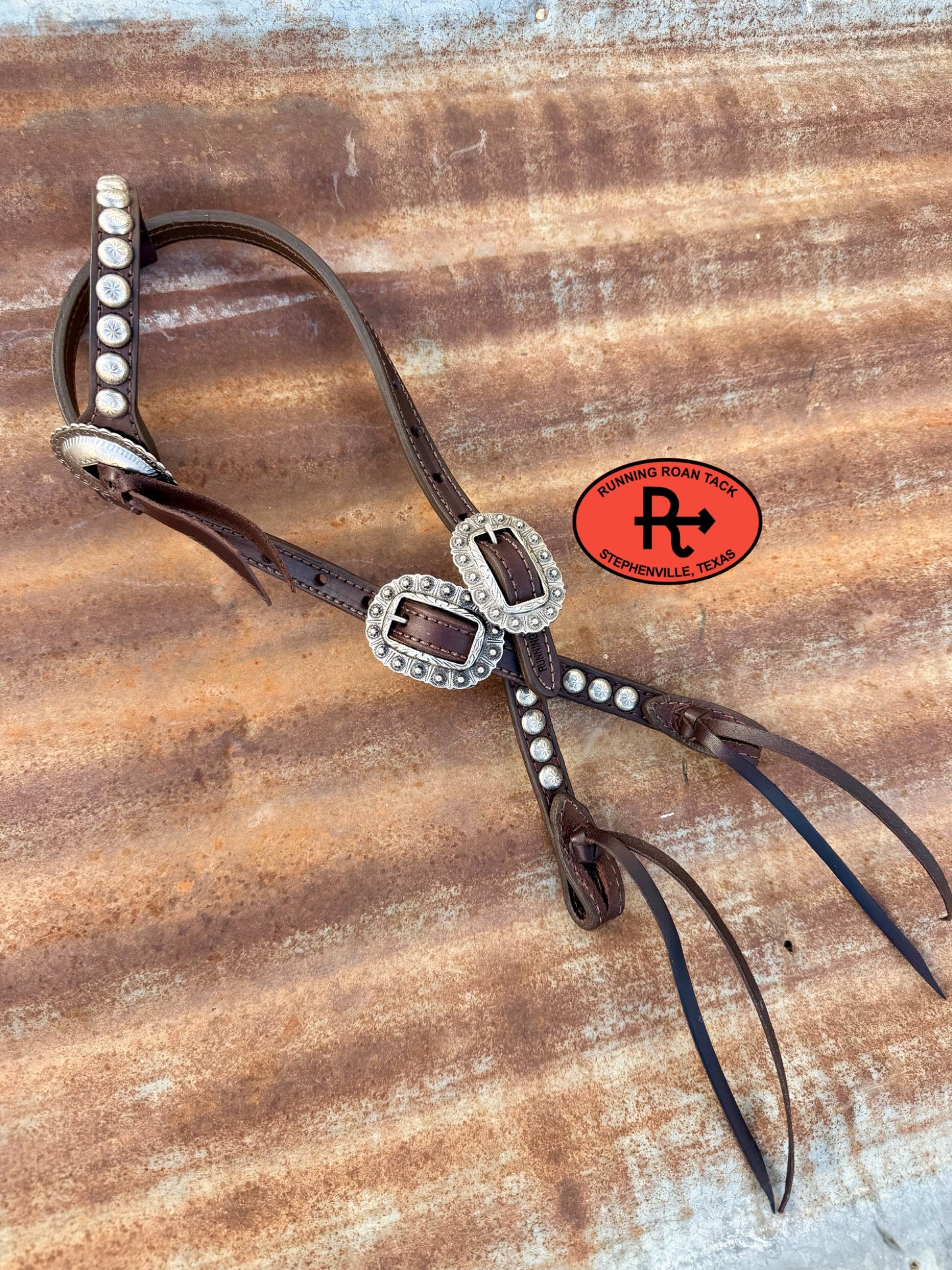 Chocolate Leather Short Cheek Headstall with Quick Change Pineapple Knots and Slotted Concho 29”-37" Headstall08032026-02