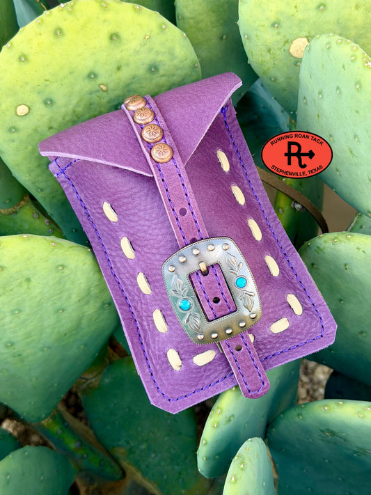 Purple Leather Mini Saddle Bag with Off White Pop Stitch and Copper Buckle for Phone, Keys, Roping Powder, etc Minibag09072026-20