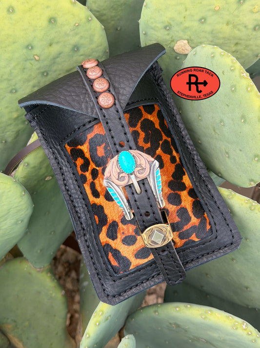 Black Leather Mini Saddle Bag with Leopard Print Cowhide Inlay and German Silver Buckle for Phone, Keys, Roping Powder, etc Minibag09072026-06