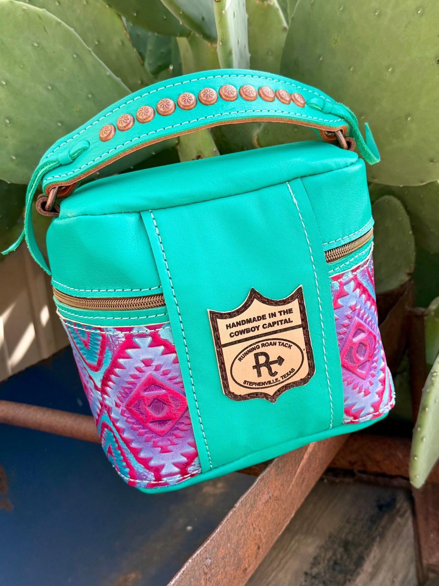 Mint Leather with Southwest Embossed Train Case for Makeup, Toiletries, etc traincase07062026-16