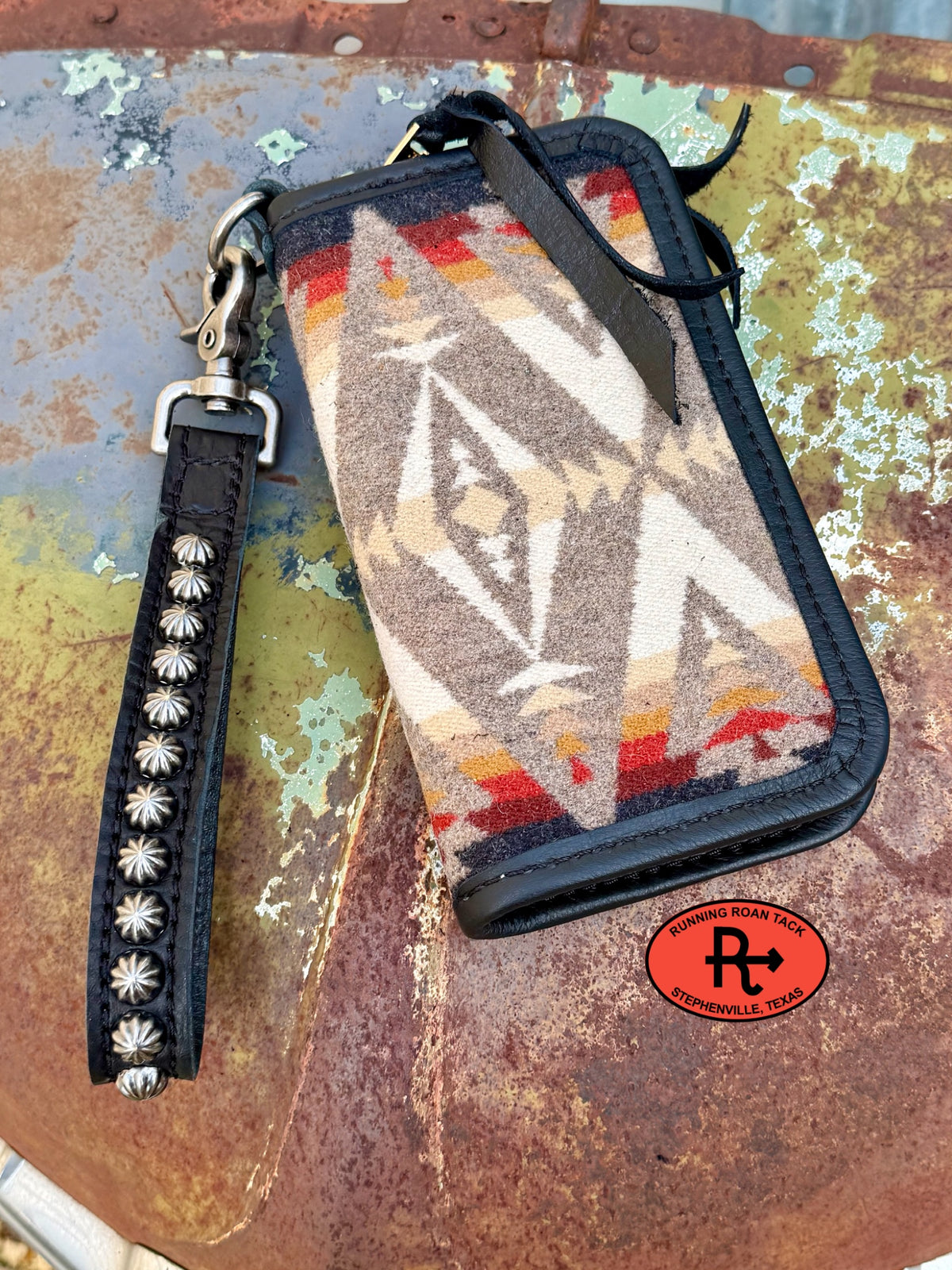 "The Pecos" Black Leather Double Zip Wallet Wristlet Organizer Clutch with Pacific Crest Wool Pecos10052026-05