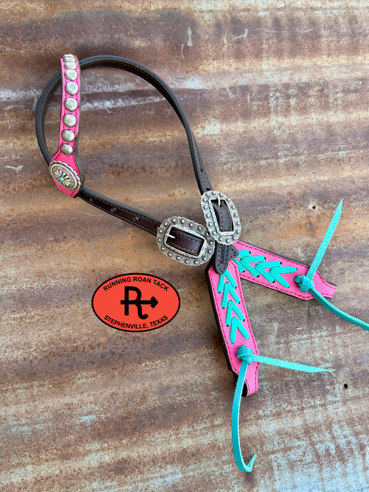 Pink Headstall with Turquoise Lacing and Southwest Hardware 29”-37” Headstall09072026-02