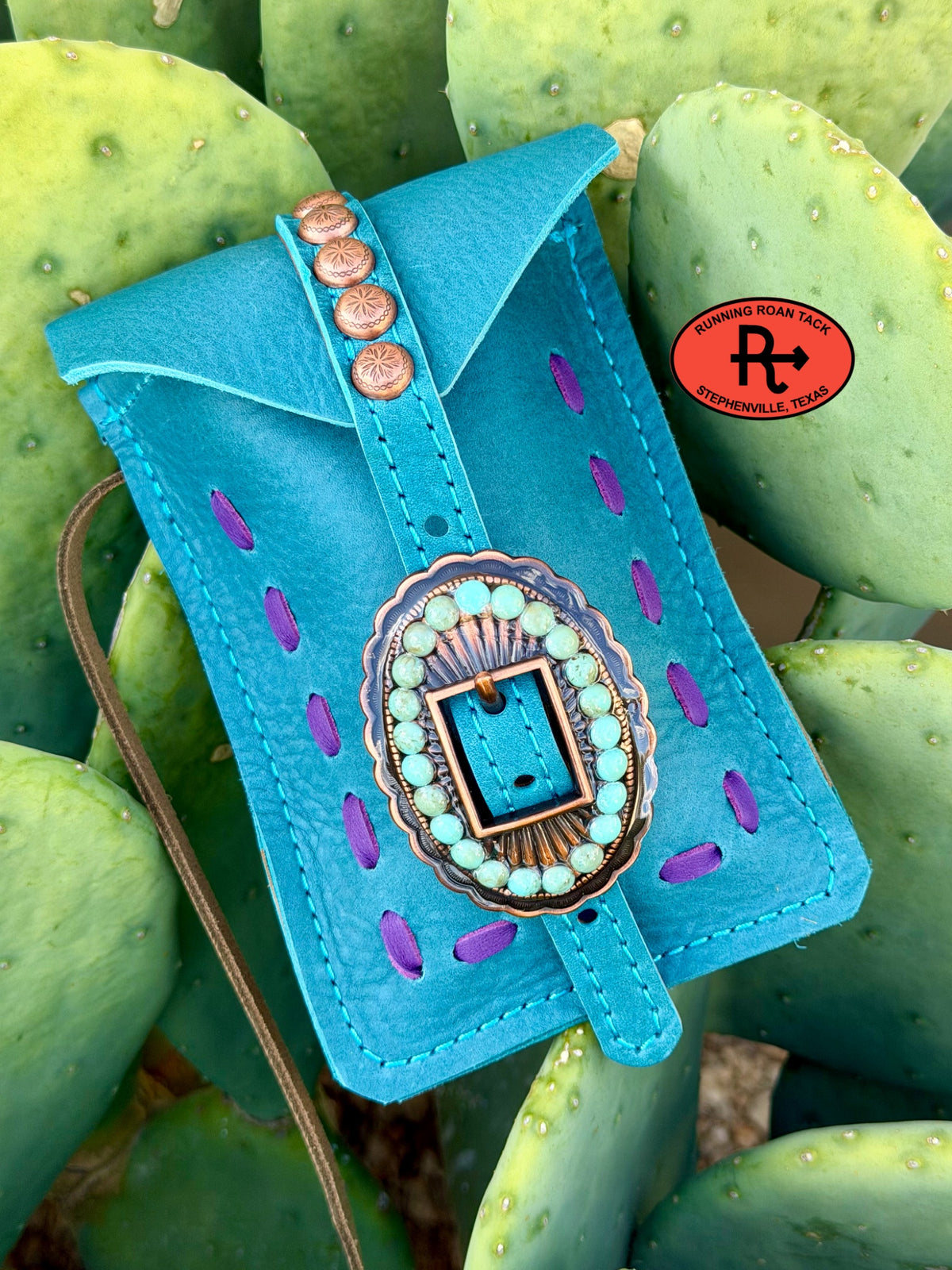Turquoise Leather Mini Saddle Bag with Purple Pop Stitch and Turquoise Stone Buckle for Phone, Keys, Roping Powder, etc Minibag09072026-28