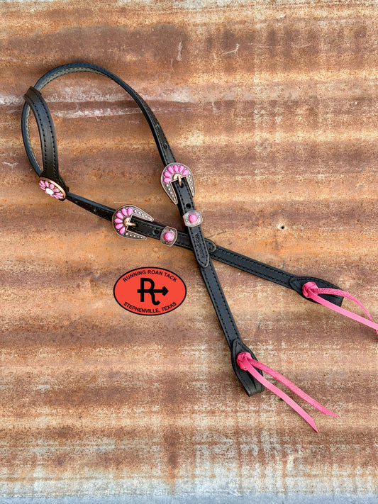 Black Single Ear Headstall with Pink Quick Change Pineapple Knots and Pink Cabochon Hardware 36”-43” Headstall10052026-19
