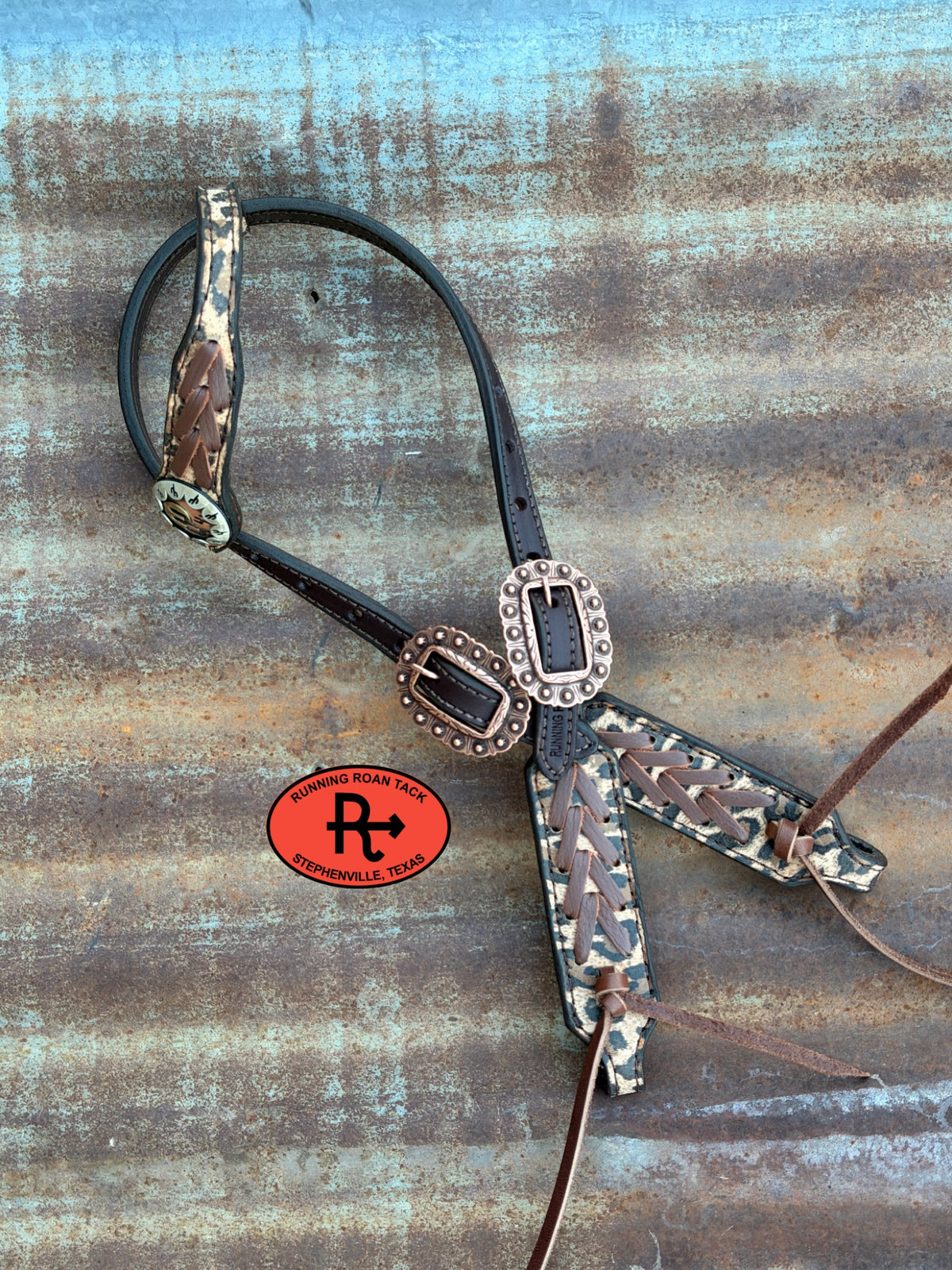 Chocolate Leopard Short Cheek Headstall with Chestnut Lacing and German Silver Cactus Concho 29”-37” Headstall10052026-10