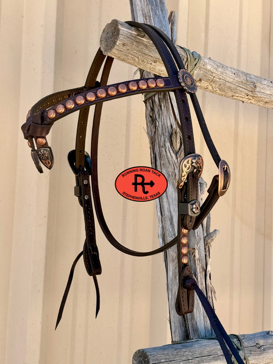 Chocolate Short Cheek Futurity Knot Browband Headstall with Quick Change Pineapple Knots and Copper Flower Hardware 29”-37” Headstall09072026-10