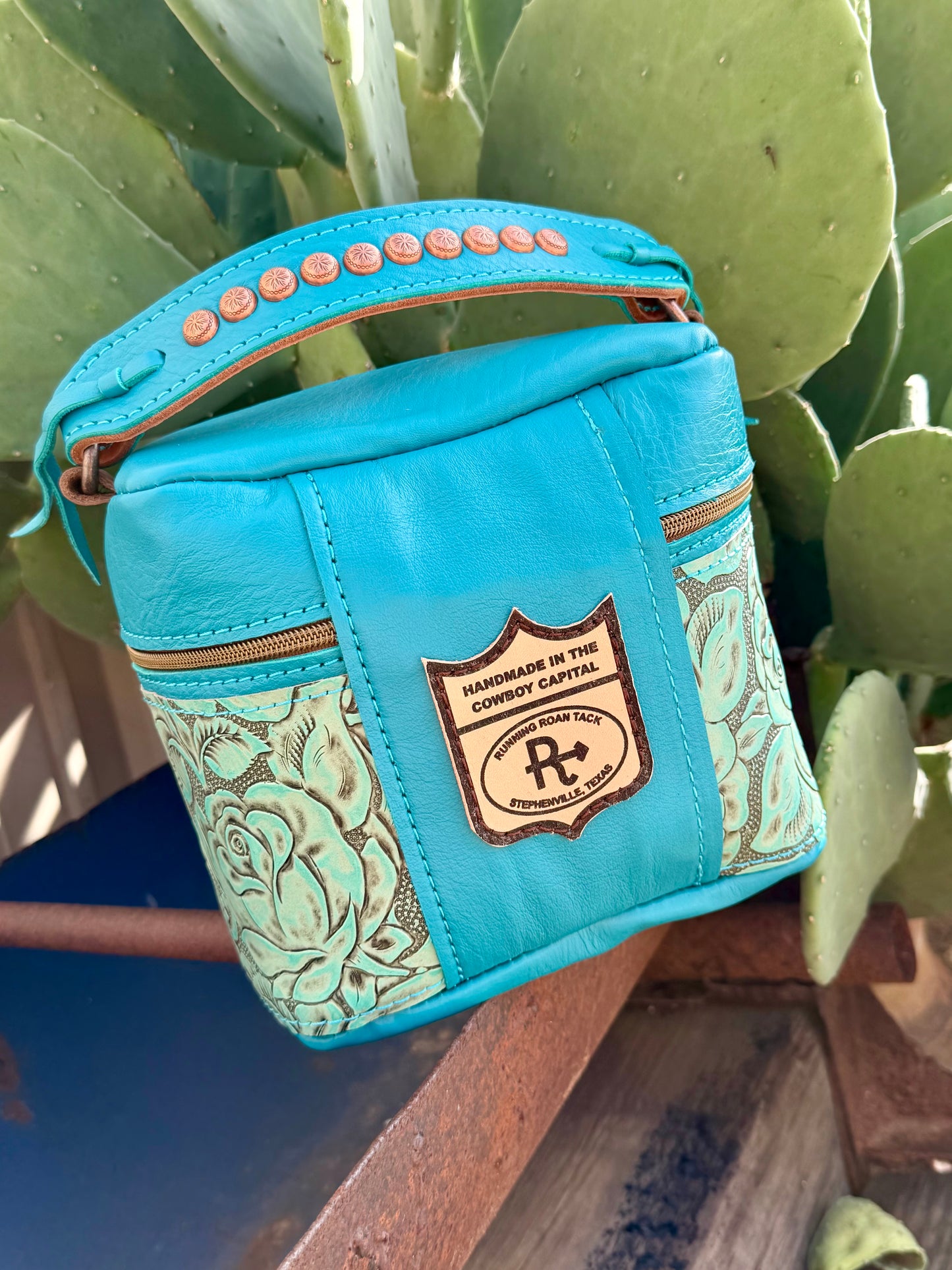Turquoise Leather with Sky Blue Roses Train Case for Makeup, Toiletries, etc traincase07062026-23