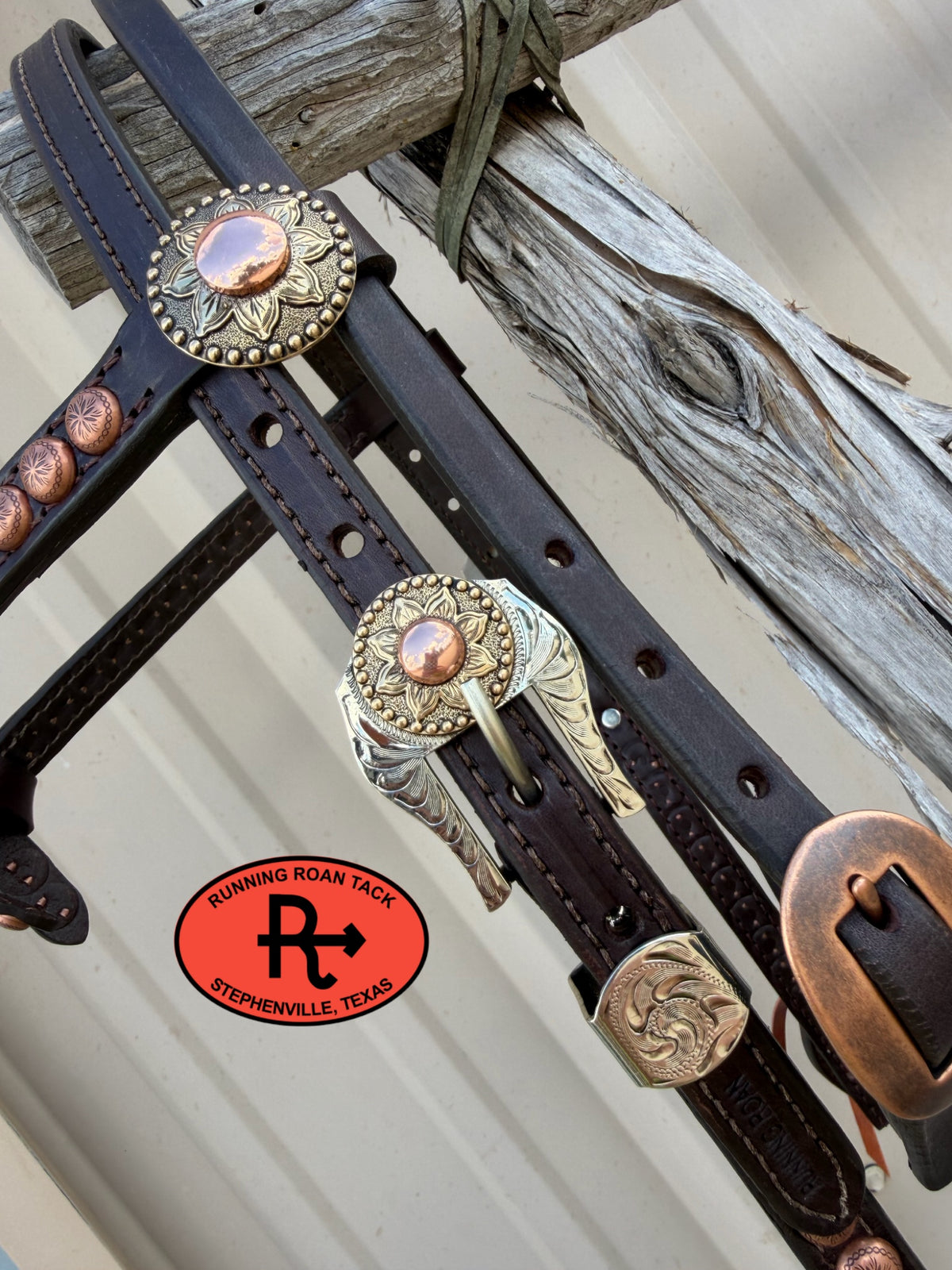 Chocolate Futurity Knot Headstall with Quick Change Pineapple Knots and German Silver Floral Hardware 36”-43” Headstall09072026-14