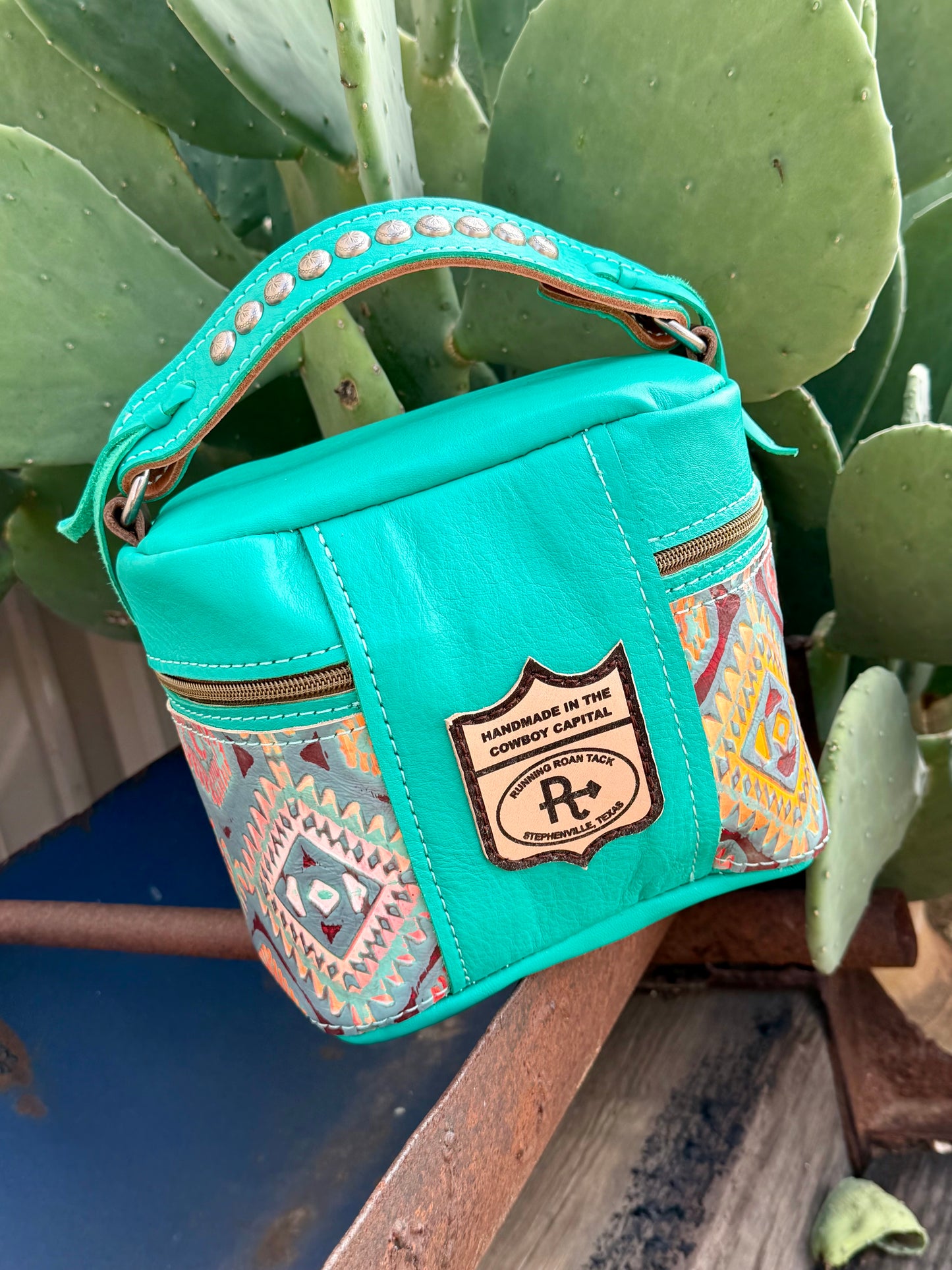 Mint Leather with Colorful Southwest Embossed Train Case for Makeup, Toiletries, etc traincase07062026-18