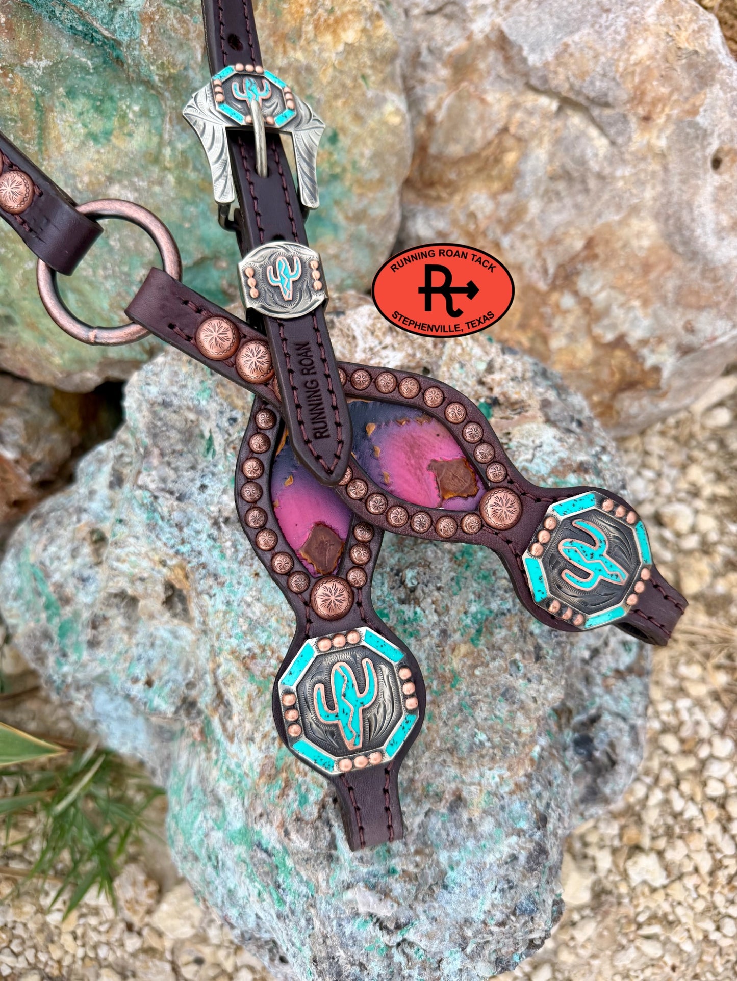 Single Ear Ring Headstall with Pink Southwest Inlay and Saguaro Hardware 36"-40" Headstall07062026-10