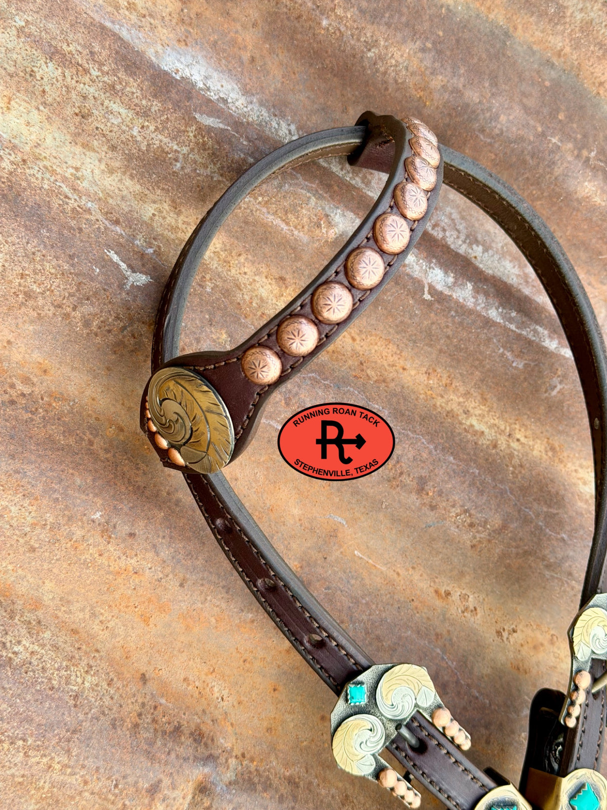 Chocolate Short Cheek Single Ear Headstall with Turquoise Quick Change Pineapple Knots and German Silver Feather Hardware 29”-37” Headstall10052026-17