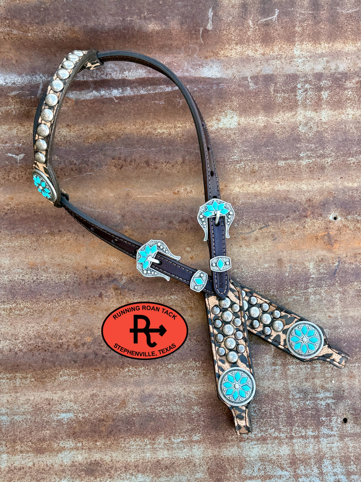 Studded Leopard Headstall with Cactus Flower Hardware 29”-37” Headstall09072026-03