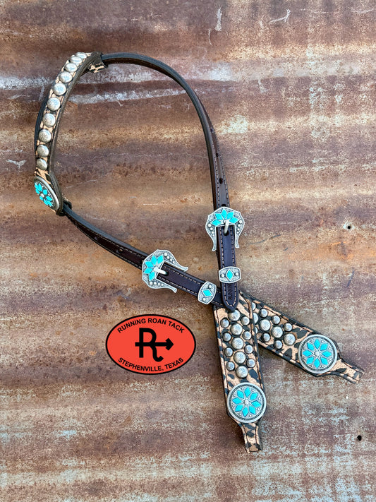 Studded Leopard Headstall with Cactus Flower Hardware 29”-37” Headstall09072026-03