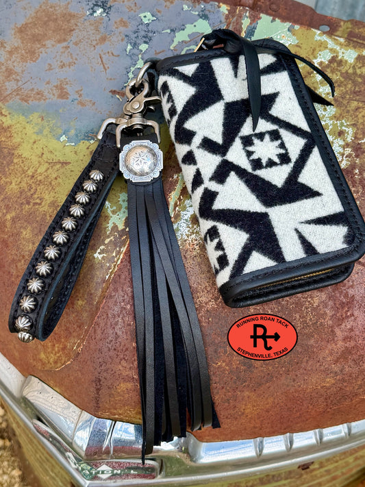 "The Pecos" Black Leather Double Zip Wallet Wristlet Organizer Clutch with Condensed White Wool, Wristlet Strap and Tassel Pecos10052026-02